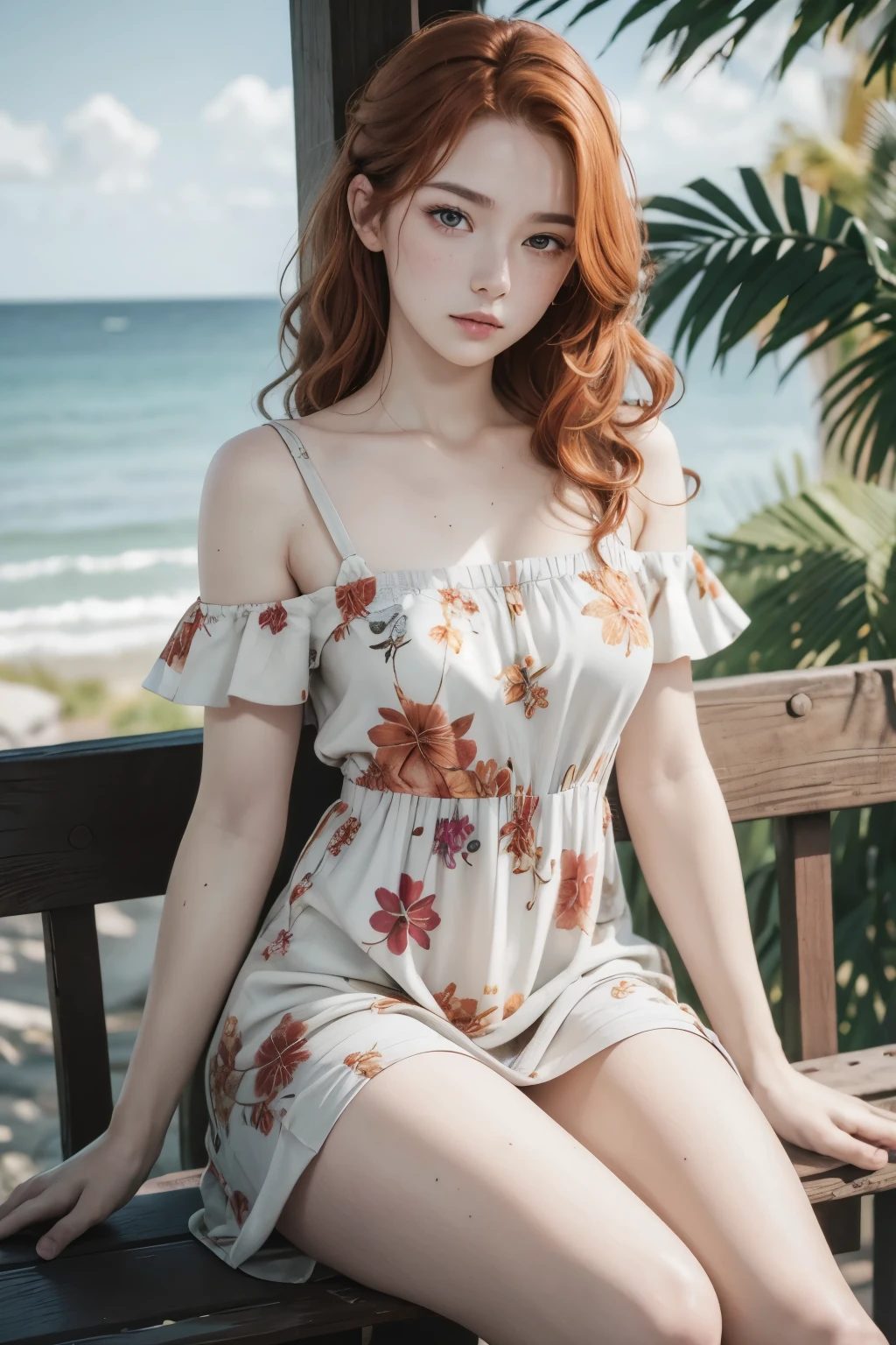 1 girl, age 24, lifting up her colorful floral pattern sundress, complex details, hyperdetailed, aesthetic artwork, irish redhead, wavy ginger hair, shoulder length hair, grey eyes, some small freckles, pale skin, (textured skin, skin pores:0.7), (moles:0.5), imperfect skin, goosebumps, sitting down with open legs, (extremely detailed 8k wallpaper), soft lighting, high quality, film grain, Fujifilm XT3 sharp focus, f 5.6, 50mm, High Detail, Sharp focus, (natural light)