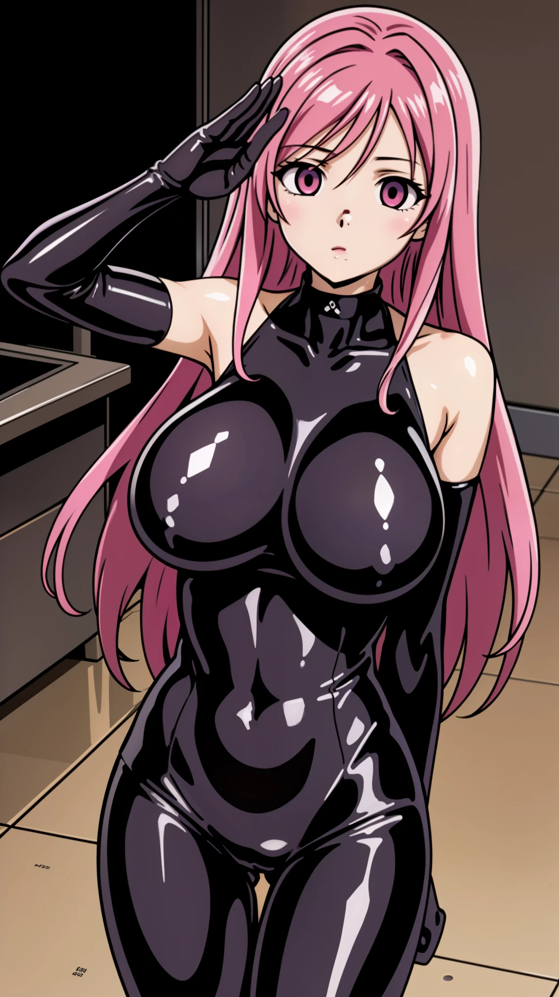 1 girl,NSFW, Chiye Moexiang ,(Rosario and Vampire),clavicle, absurd, brainwashing,Combatant, empty eyes,((purple glowing eyes 1.5)), (huge breasts 1.8), No expression, emotions removed,(black latex tight bodysuit),avert your eyes , 全身shape, ((stand up, salute)),(highest quality、4k、8k、High resolution、must have:1.2)、Super detailed、(reality、reality的なです、reality的な:1.37)、ticker、hyper hd、studio lighting、ultra definition paint、sharp focus、Physically based rendering、extreme details、Professional specifications、vibrancy and color、blurry、sports portrait、landscape、horror style、anime big breasts、SF、photograph、concept artist、five fingers, perfect body, {{{masterpiece}}}, {{{highest quality}}}, {{Super detailed}}, {shape}, {{very delicate and beautiful}},Improved cost performance、all roles、Canon 5D MK4でphotograph、photograph,