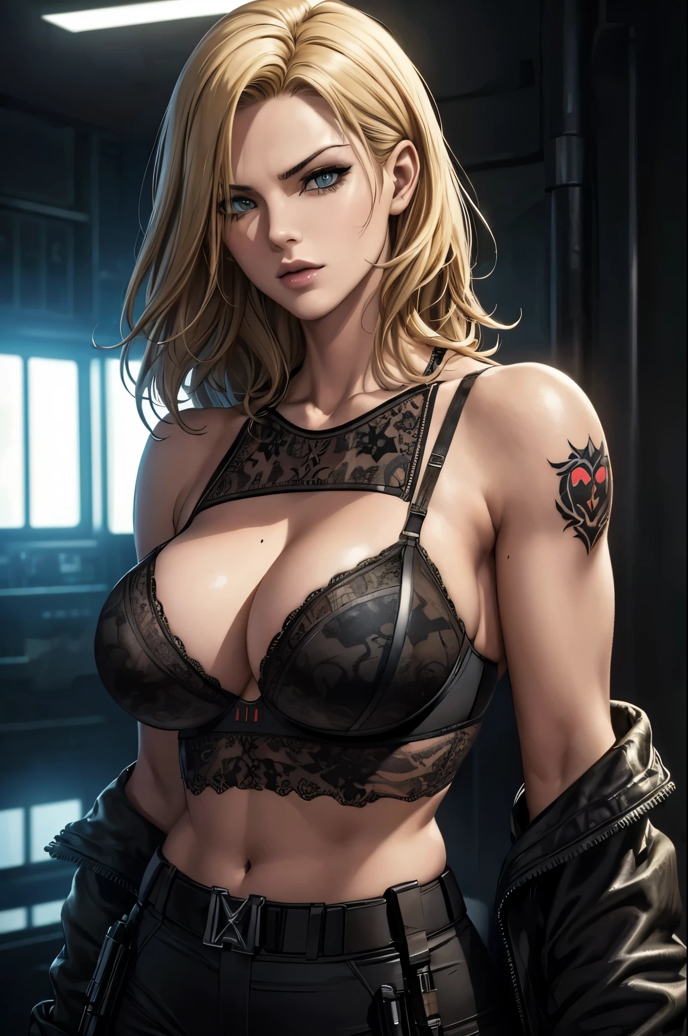 super fine illustration, ultra high resolution, masterpiece, highest quality, perfect shiny shinny skin, perfect lighting, detailed lighting, dramatic shadow, ray tracing, 1 beautiful white milf, looking at the viewer, small breasts, ((beautiful detailed hazel eyes)), sharp face, clear eyes, long bang, ((medium curly hair)), ((blond hair)), ((cyberpunk dark city)), Upper body, ((black lace bra:1.35)), camouflage long pants, military harness, Alice Abernathy - Resident Evil Series, Milla Jovovich, ((tattoo)),