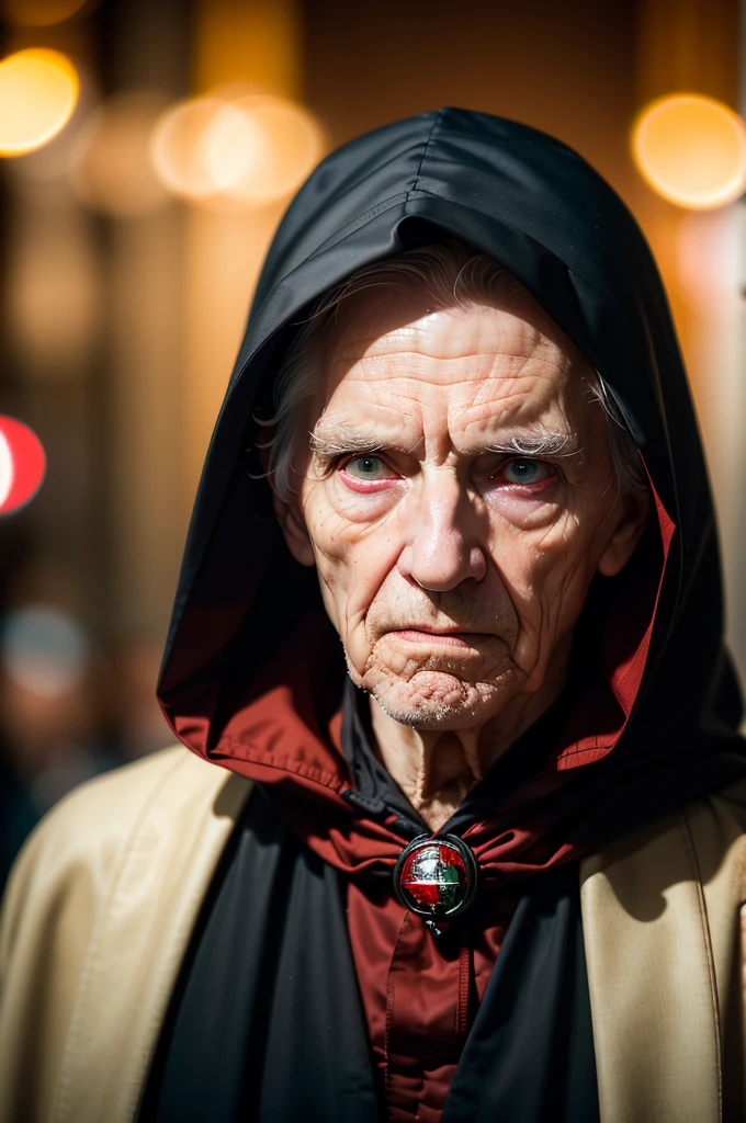 hyperrealism, photorealism, masterpiece, best quality, perfect detail, perfect lighting, professional photo, realistic photo, old man 100 years old, in a Sith costume, pale skin, red eyes, scary face, Sith cape, (dark hood, star wars universe, dark  desert, dim light, low light, muted color, gloomy atmosphere, depth of field, bokeh.