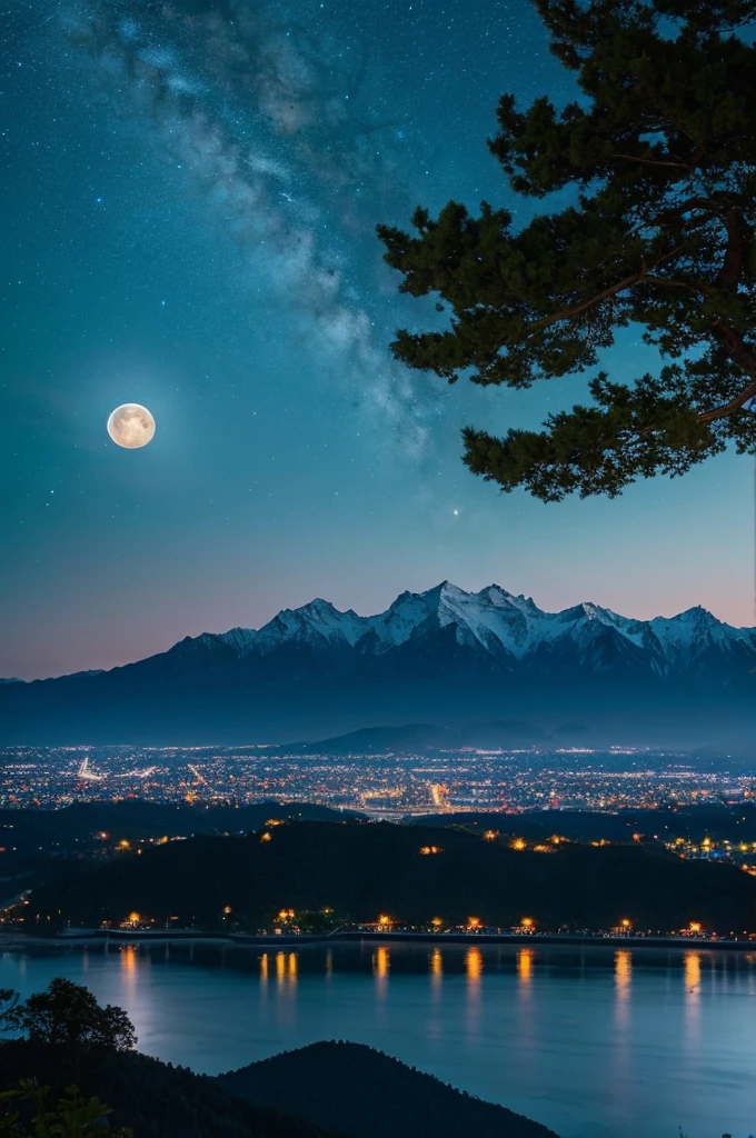 highest quality、moon and mountain、beautiful night view、nature