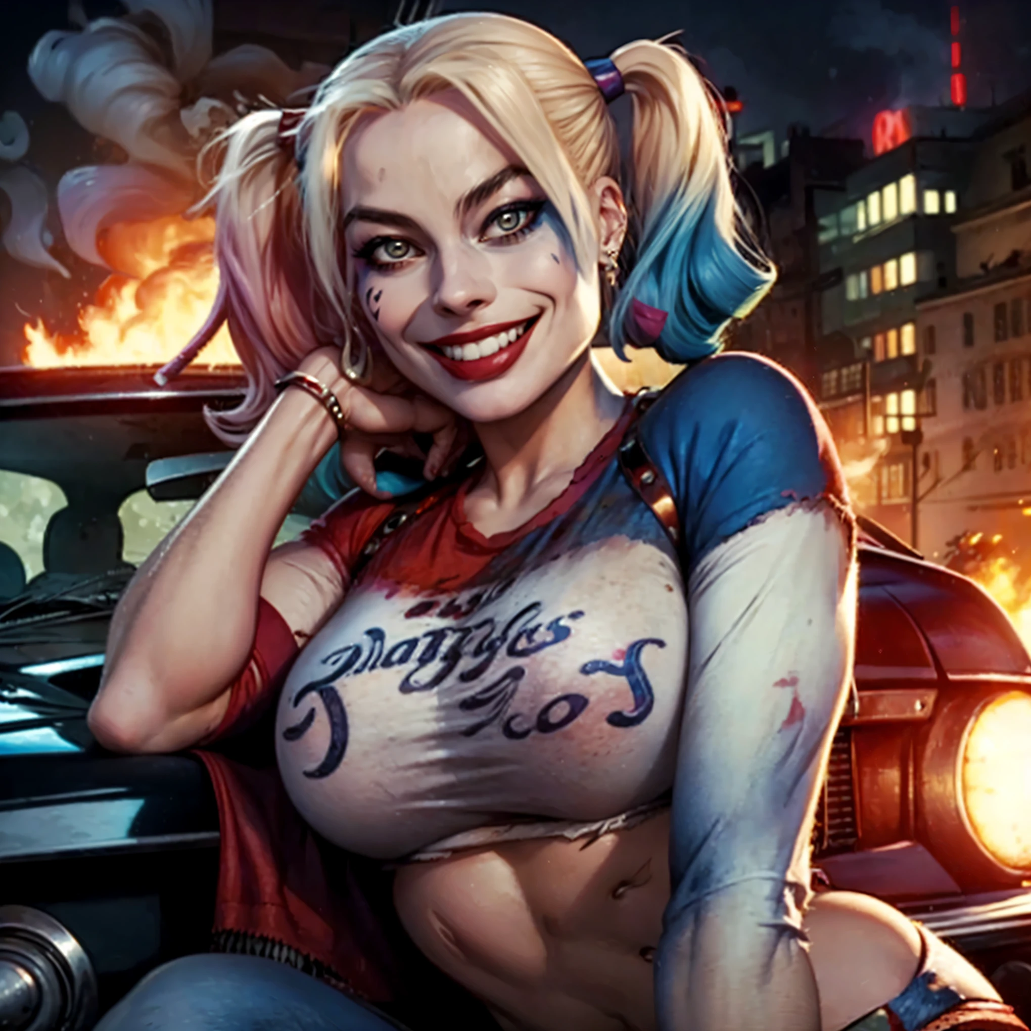 Harley Quinn (Margot Robbie) sitting on a burning car. She has a great ass that strains the fabric of her pants. She's wearing her tiny short shorts and tight t-shirt look. She's smiling a toothy smile. Beautiful smile. She's stunningly beautiful (perky breasts) (onion booty) (apple bottom) (UHD)