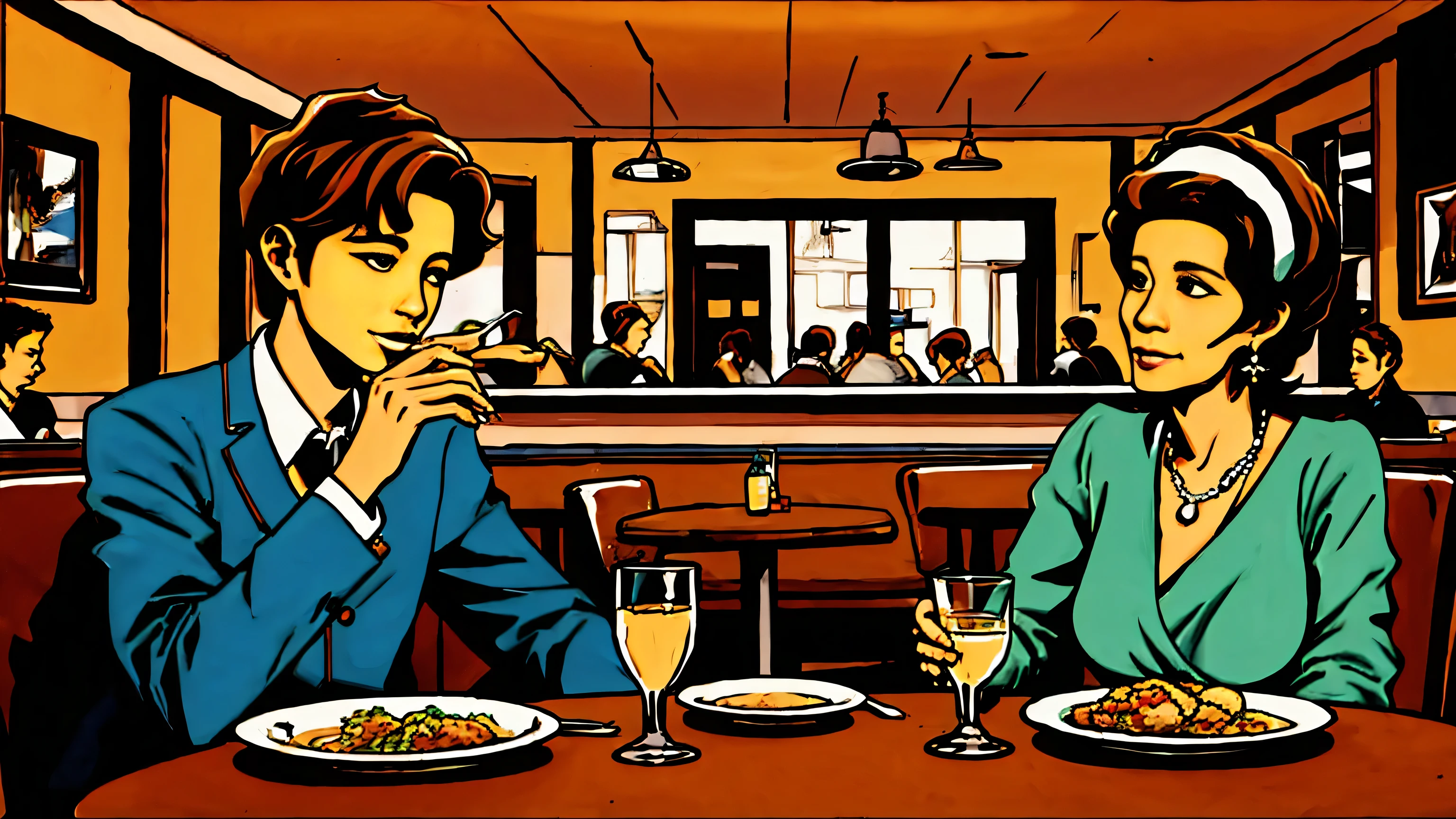 a young an with his mother eating at the dinning