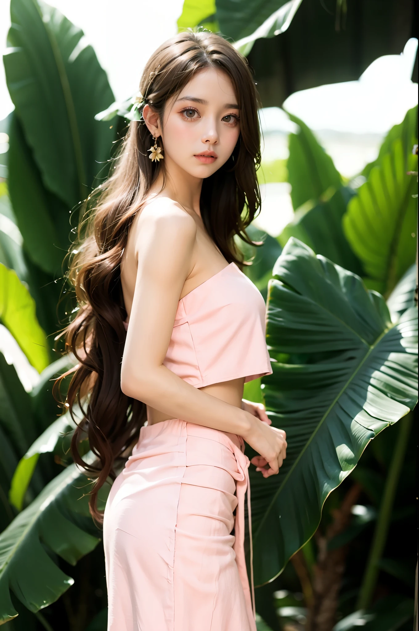 (masterpiece, best quality:1.2),1girl, breasts, brown eyes, brown hair,Dai ethnic skirt, earrings, flower, hair ornament, jewelry,Banana leaves, strapless dress,Chinese Dai ethnic clothing, lips, lipstick, long hair, looking at viewer, outdoors, parted lips,Pink Dai ethnic dress, realistic, solo