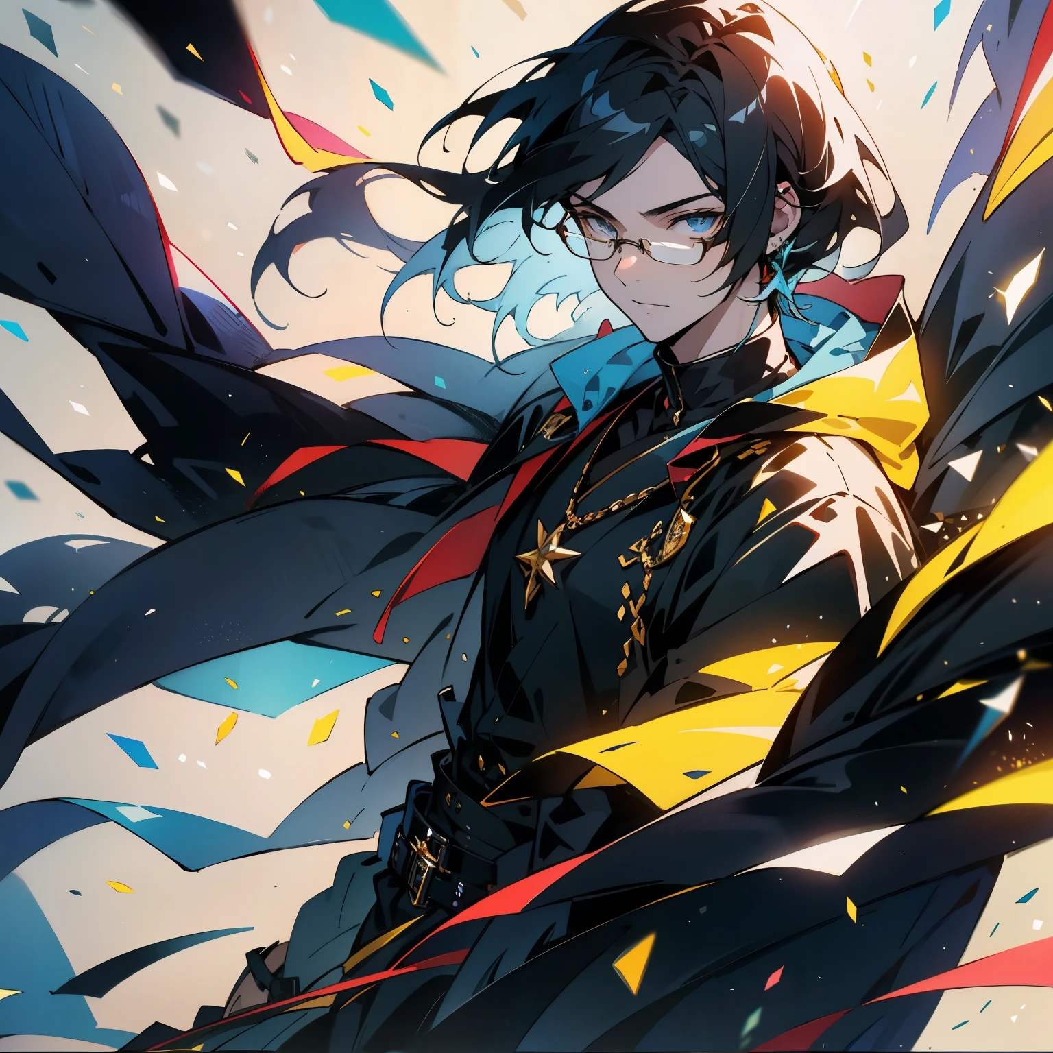 （highest quality、masterpiece、High resolution、8K、detailed）、（Shining eyes）、（cool young man、good looking）、（black rim glasses）meinan、Kirasta、beautiful anime、In town、dynamic angle