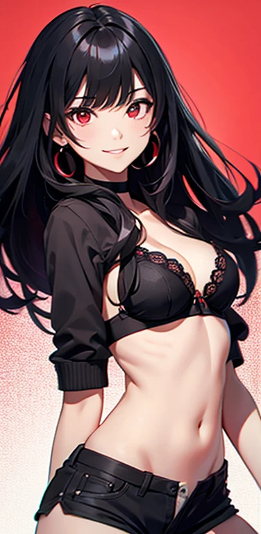 (8K、highest quality、masterpiece:1.2)、anime coloring、super resolution、Realistic、(1girl)  、(black hair to red gradient hair,long straight hair)、(contrapposto),(red eye),(forehead:1.2),(face focus,upper body),(enamel black bra:1.3,enamel shorts :1.3)、(seductive smile:1.3),(cute face)、,(flat chest),gradient background、(slender:1.3)、