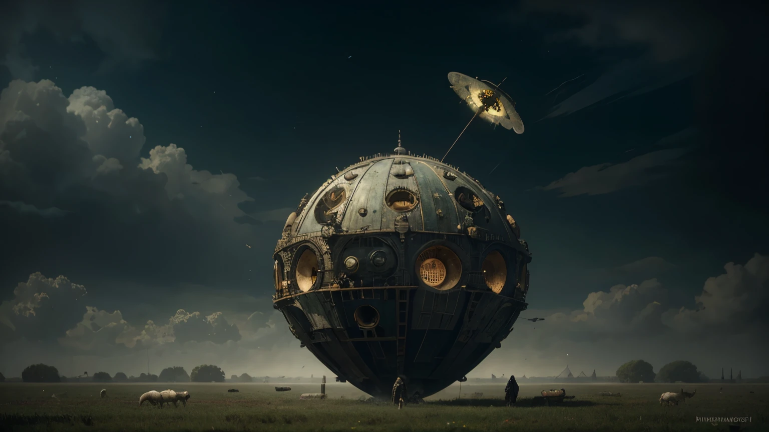 a strange alien intricately detailed shapeless spaceship floating over the fields and meadows, Rhizome, detailed sharp focus fantasy, imperial colors, by Hieronymus Bosch, Nicoletta Ceccoli, Jean Baptiste Monge, Paul Delaroche, Stephen Gammell, Sherry Akrami, surreal mysterious atmosphere, by moebiuss, Anton Semenov, Personajes de Maquinarium, Pupilas dot, Tres ojos, Seis de Little Nightmares, sonrisas espeluznantes, Somber, por Yi Inmun, por Tadeusz Brzozowski