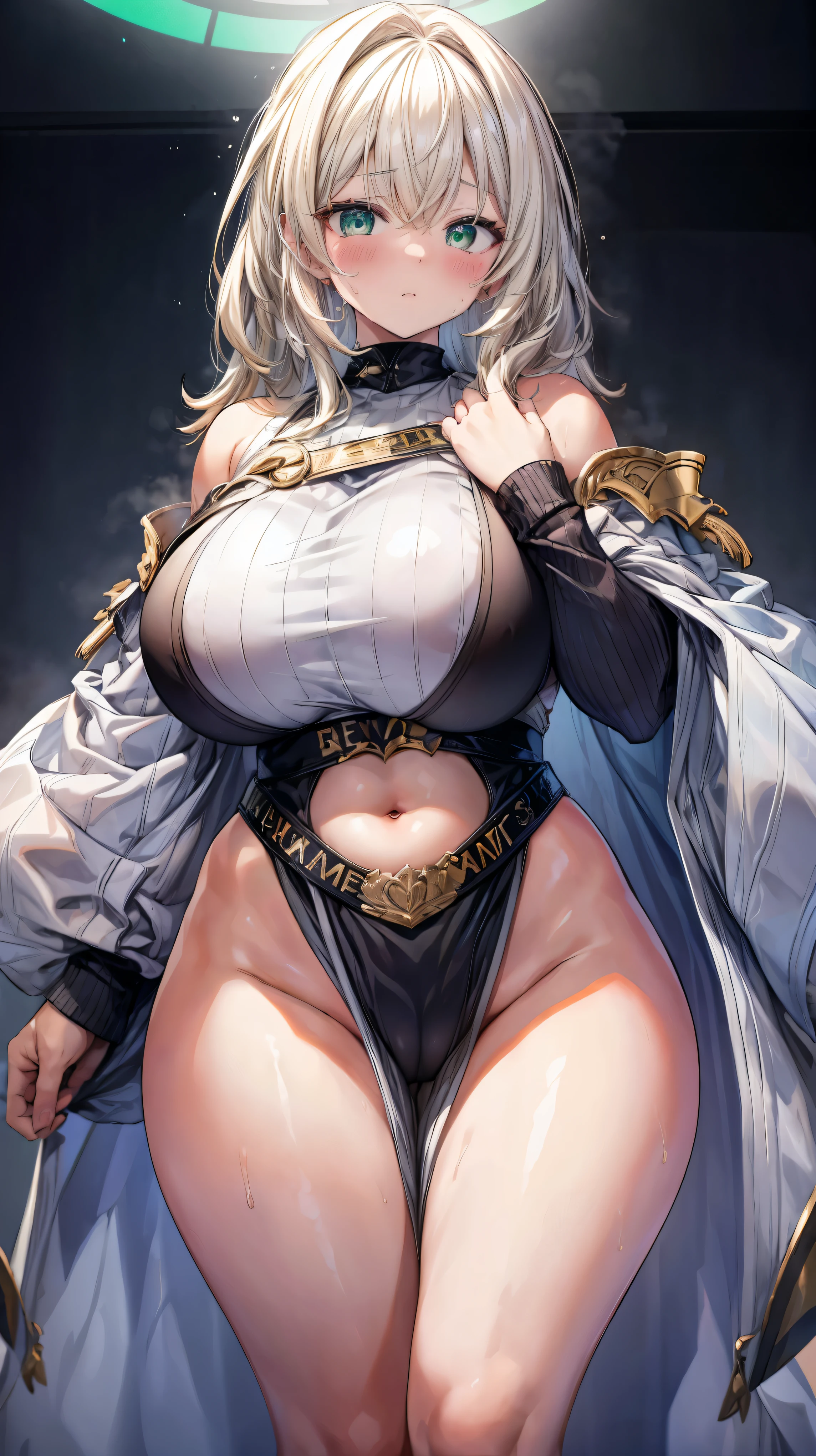 blonde wavy hair、cute anime face、thick thighs、8K、4k、highest quality、(High resolution:1.6)、noise reduction、((glowing green eyes、high detail eyes:1.5、Sweat、blush、open your mouth))、(SFW huge body:1.5)、(((model pose)))、(white calvin klein underwear)、(sexy back view、arched back、T-back that digs into your butt、emphasize the buttocks)