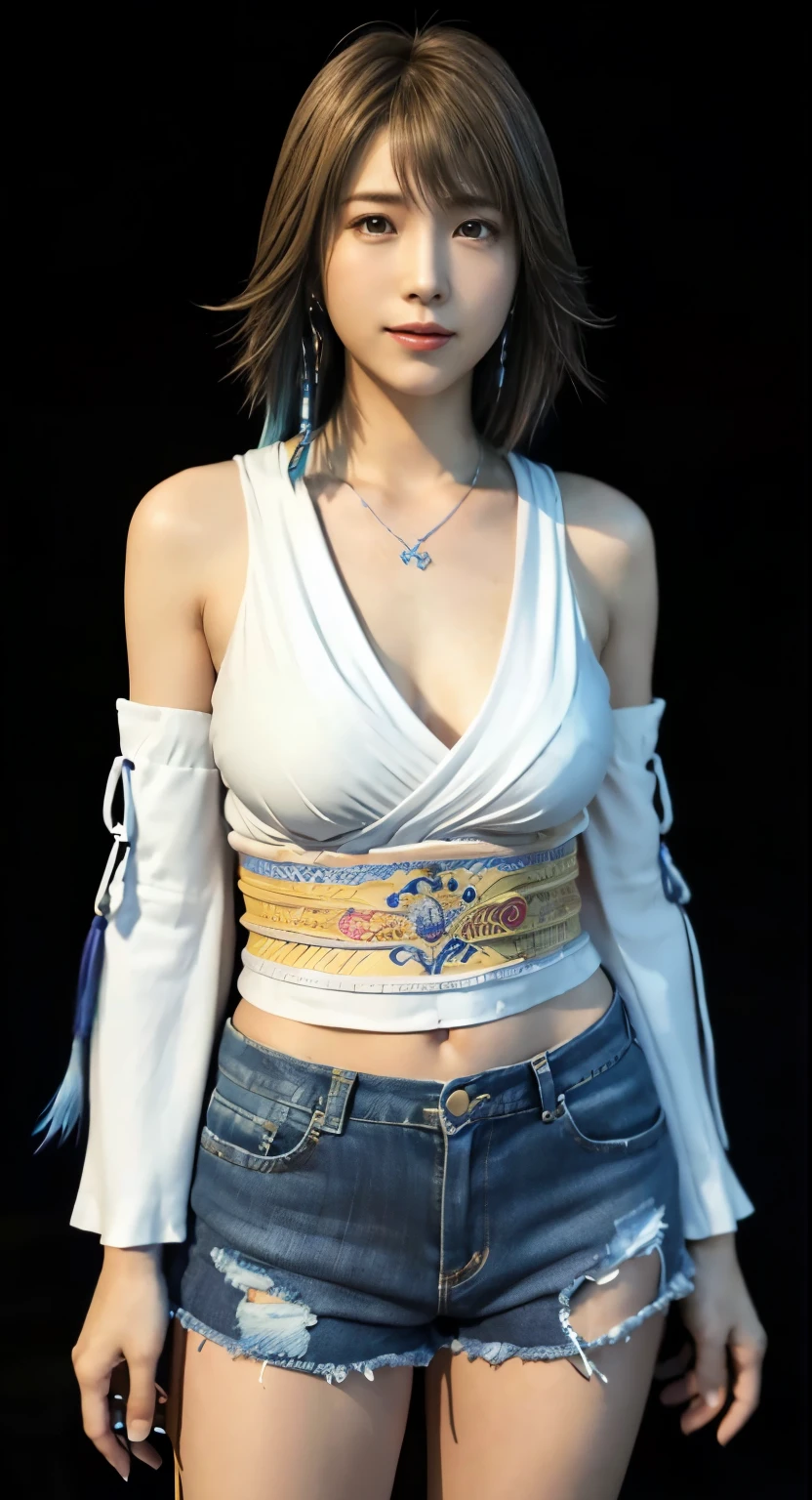 4K,masterpiece, highres, ultra detailed), 1 female, 28 years old, yuna of final fantasy x2, more mature looking, ((simple background)), plain dark background, ((nothing in background)), hyperrealistic, yuna's final fantasy costume, Yuna's original costume design in Final Fantasy X2, (((https://www.creativeuncut.com/gallery-01/ff10-2-yuna2.html))), tattered skimpy denim shorts, asymmetrical clothing features, sash on left hip, best clothing simulation, no collar, 1female, windy night, yuna's bob hair style, busty, cleavage, middle_breast, thicc body, smile, no dangling sleeves, close-up shot, full frontal shot, zoomed in shot, head to hips image scope, closed-mouth smile, head to hips, character facing and looking at camera, looking at you, YunaFFX, blue-beaded earring