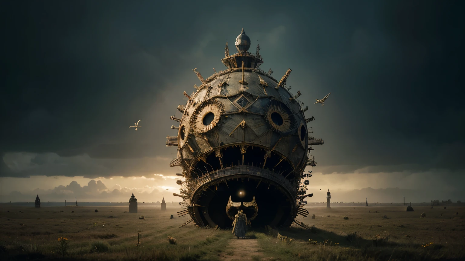 a strange alien intricately detailed shapeless spaceship floating over the fields and meadows, Rhizome, detailed sharp focus fantasy, imperial colors, by Hieronymus Bosch, Nicoletta Ceccoli, Jean Baptiste Monge, Paul Delaroche, Stephen Gammell, Sherry Akrami, surreal mysterious atmosphere, by moebiuss, Anton Semenov, Personajes de Maquinarium, Pupilas dot, Tres ojos, Seis de Little Nightmares, sonrisas espeluznantes, Somber, por Yi Inmun, por Tadeusz Brzozowski