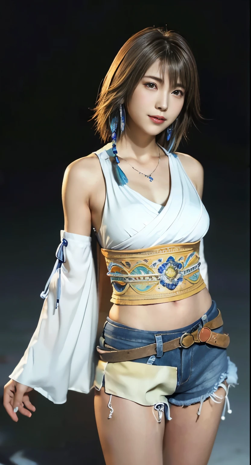 4K,masterpiece, highres, ultra detailed), 1 female, 28 years old, yuna of final fantasy x2, more mature looking, ((simple background)), plain dark background, ((nothing in background)), hyperrealistic, yuna's final fantasy costume, Yuna's original costume design in Final Fantasy X2, (((https://www.creativeuncut.com/gallery-01/ff10-2-yuna2.html))), tattered skimpy denim shorts, asymmetrical clothing features, sash on left hip, best clothing simulation, no collar, 1female, windy night, yuna's bob hair style, busty, cleavage, middle_breast, thicc body, smile, no dangling sleeves, close-up shot, full frontal shot, zoomed in shot, head to hips image scope, closed-mouth smile, head to hips, character facing and looking at camera, looking at you, YunaFFX, blue-beaded earring