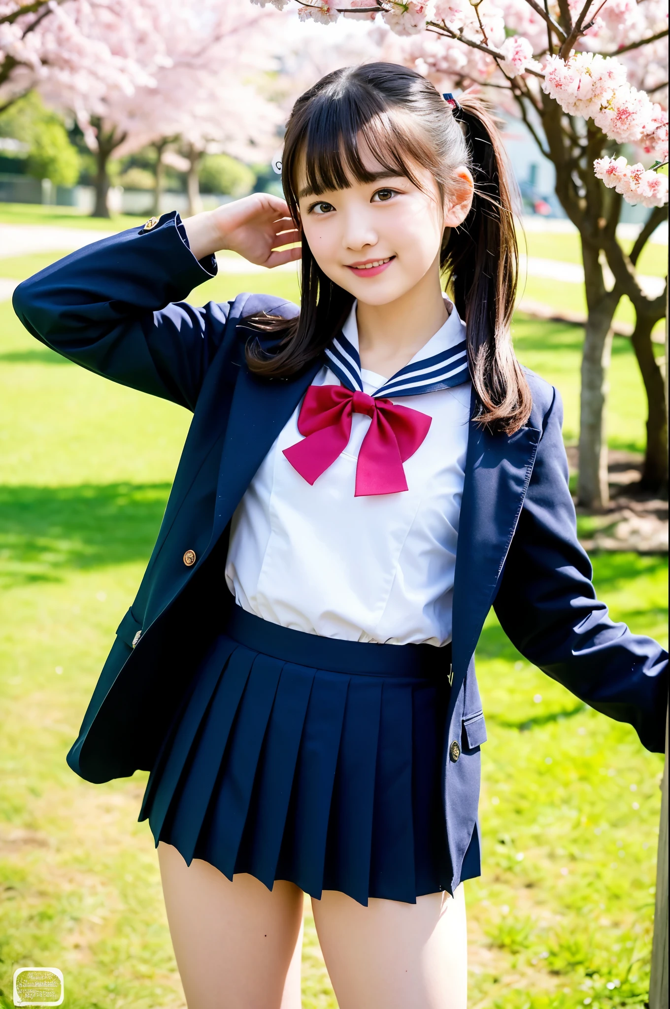 girls standing in school yard filled with cherry blossoms,white long-sleeved sailor swimsuit with red bow tie,navy blue pleated skirt,18-year-old,bangs,a little smile,thighs,knees,low ponytails with barrette,from below,front light