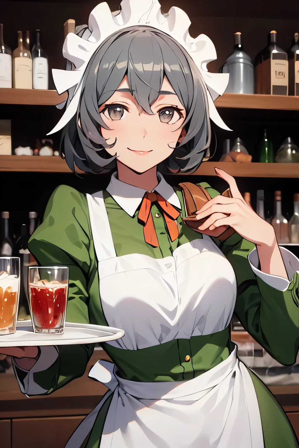 masterpiece,detailed face,detailed skin,detailed eyes,shiny skin,shiny lips,highest quality,.syr Flova, gray hair, syr,maid headdress, green dress, apron, smile, Happy, closed mouth, holding tray, bar, Shoulder bag