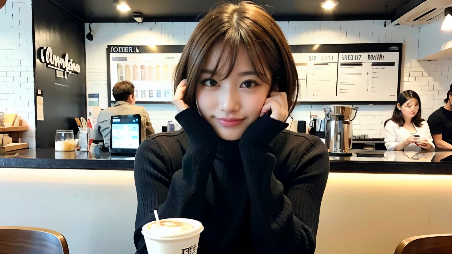 (最high quality、8K、32k、masterpiece:1.2)、A photo of a female college student who looks like a cute model、normal breast、short bob hair、Upper body、face focus、extra large_sweater、necklace、look at the audience、background a trendy coffee shop with a unique aesthetic and atmosphere. Incorporate elements like modern furniture, artistic decoration, and ambient lighting to enhance the ambiance. People who enjoy drinks々Consider including, engaging in conversation, or quietly working on laptops. Let your creativity flow、In this chic café setting「stable diffusion」Let the idea come to life, I can see other customers enjoying themselves too...。At the back of the cafe、Staff are busy working at the counter.、Feel the vibrancy and warmth of a city cafe.., sharp focus, 1 girl, sexy 1.2, brown hair, With bangs, fine eyes, Beautiful eyes with slit length, double eyelid, (cat face), (cute Face), cute Smile, (close your mouth), (cute), soft skin, surreal, Super detailed, high quality, (Beautiful female college student with short hair studying in a cafe), ((詳細な非常にcute女子大生),