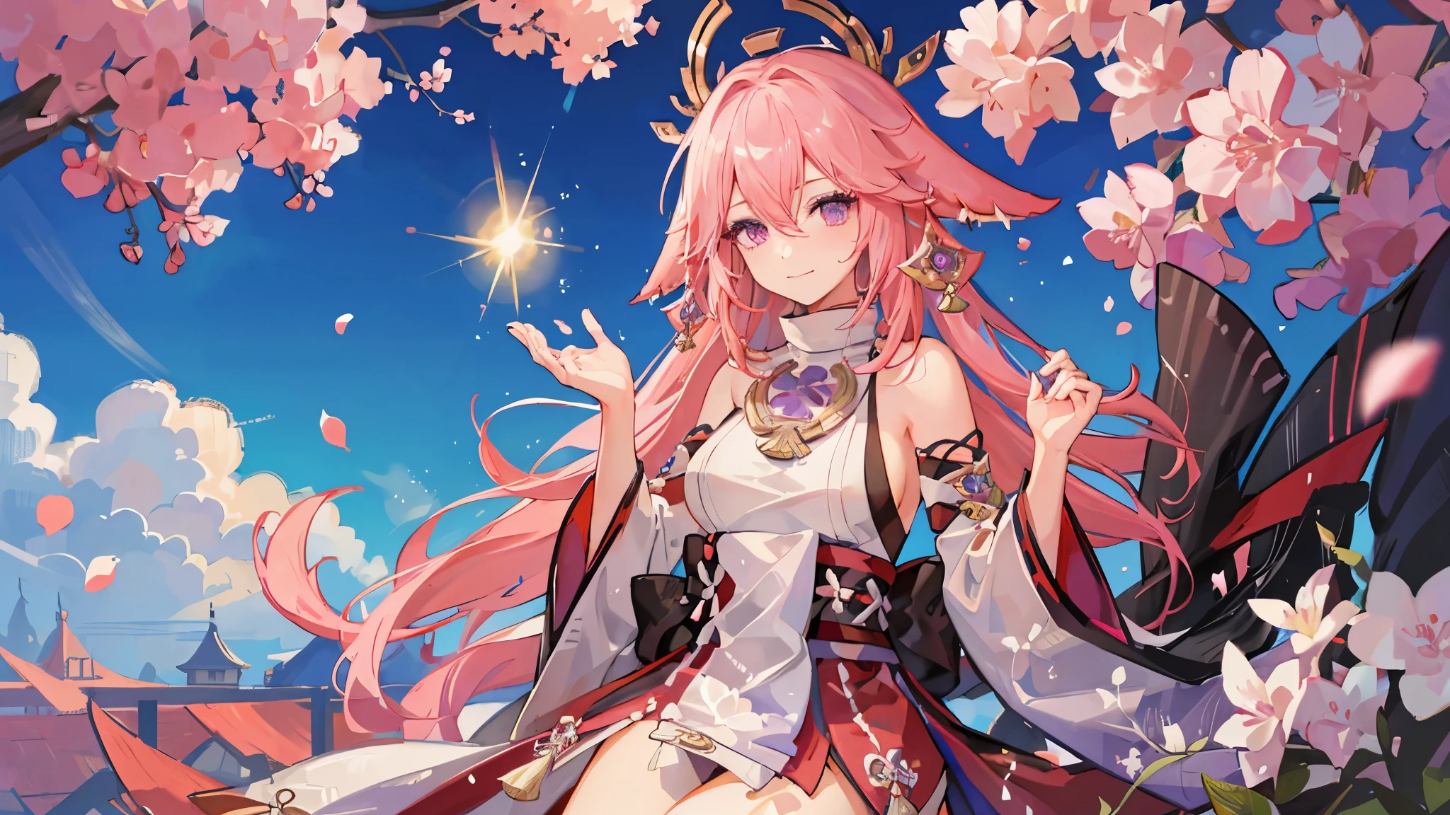 best quality, masterpiece, highres, 1girl,female,solo, mature female,yae miko, 1girl, \n/, animal ears, bare shoulders, blush, breasts, cherry blossoms, closed mouth, detached sleeves, earrings, flower, fox ears, gem, hair between eyes, hair ornament, japanese clothes, jewelry, kimono, long hair, medium breasts, miko, nontraditional miko, pink eyes, pink flower, pink hair, purple gemstone, short kimono, sidelocks, smile, solo, upper body, white kimono, kawaii aesthetic, cute, sweet, pink, surrounded by cherry blossom, pink sparkles, sparkly, abstract pink cute background