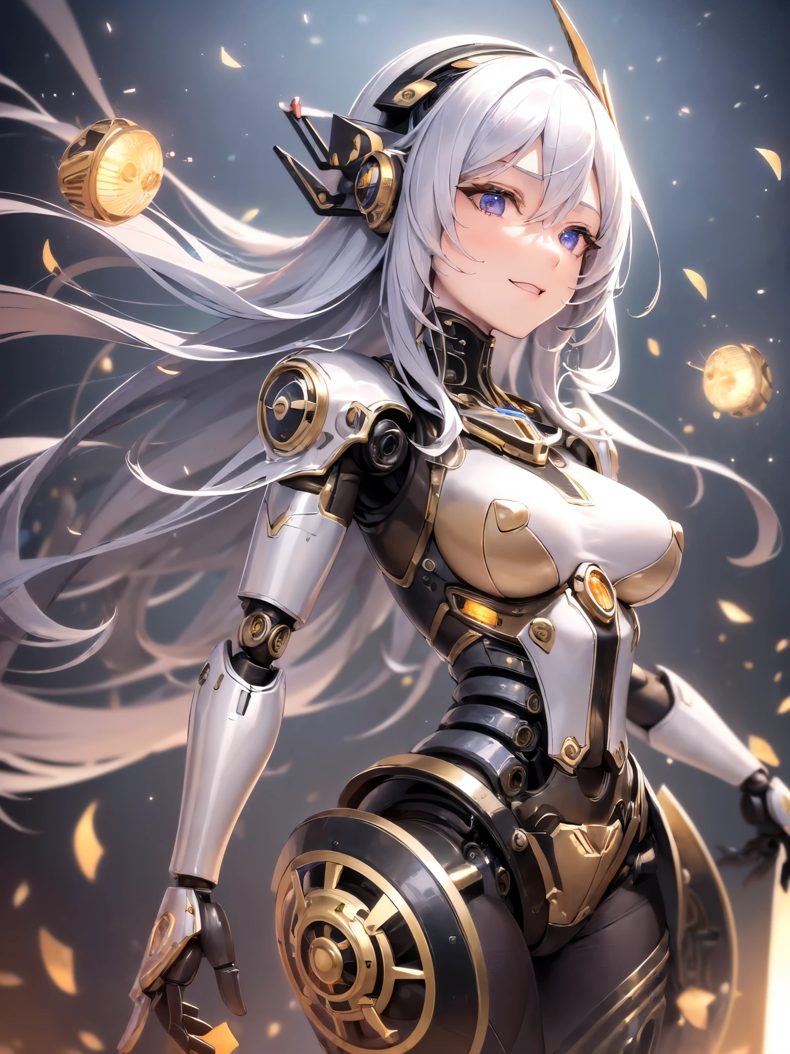 hyper quality、8K quality、High resolution、Image quality taken with a single-lens reflex camera、perfect anatomy、purple eyes、with an evil smile、a mecha girl、villain、silver hair、Combined robot design、beautiful girl、Mechanical parts with a three-dimensional feel based on silver、(Bare skin of chest and thighs exposed:1.2)(Realistic texture of parts:1.2)、(Holding a golden bouquet of flowers as a gift💐:1.4)(flowerfield background)