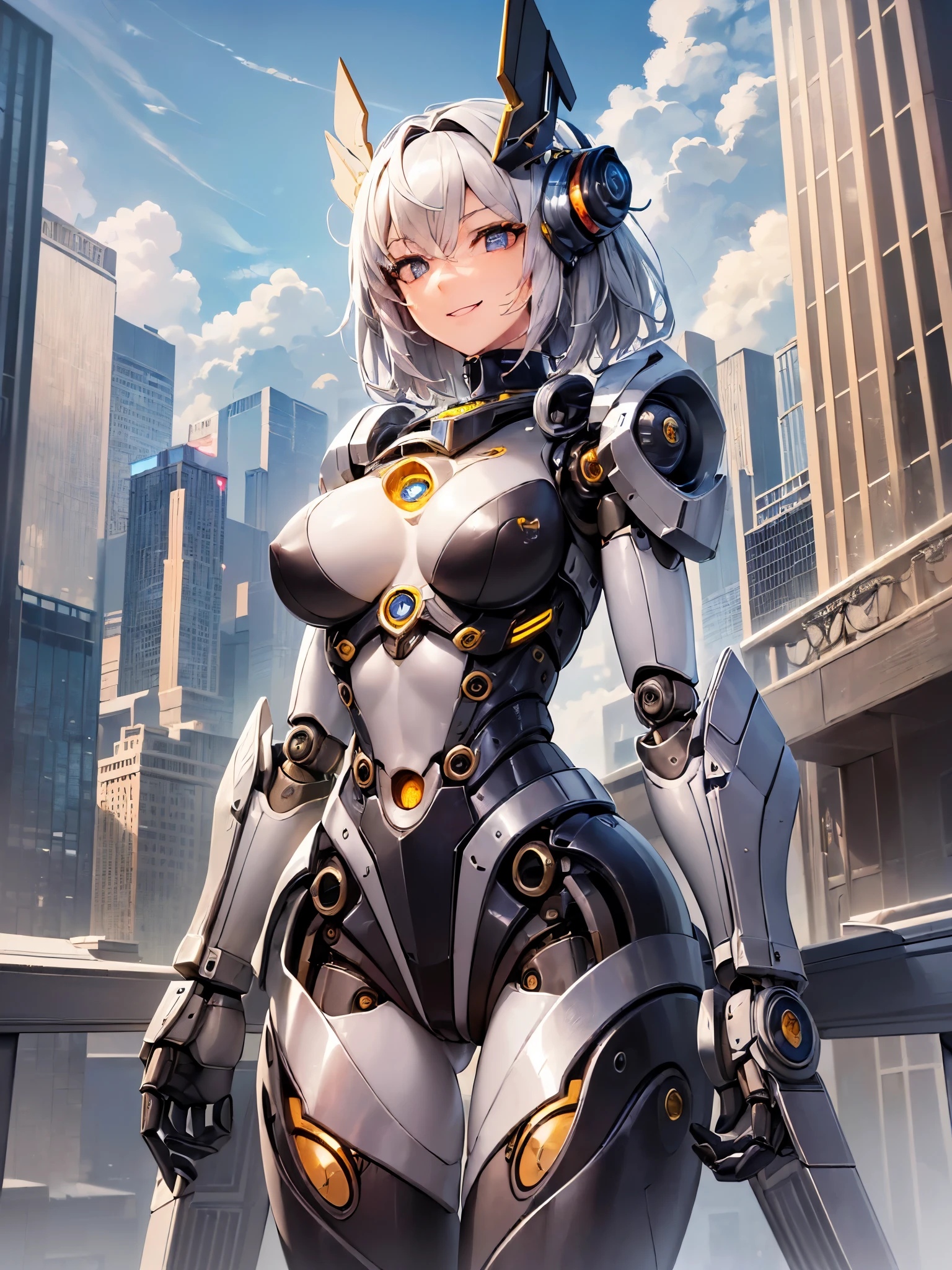 ((highest quality)),(ultra high resolution),(Super detailed),(detailed description),((best CG)),(best work of art),super precision art,amazing drawing art,(Sci-fi art with precise details:1.5, (female robot:1.6),(Mechanical body detailed and detailed:1.6),(smile:1.4),(Core that emits light at the dovetail part:1.8),(exposed cylinder:1.6),