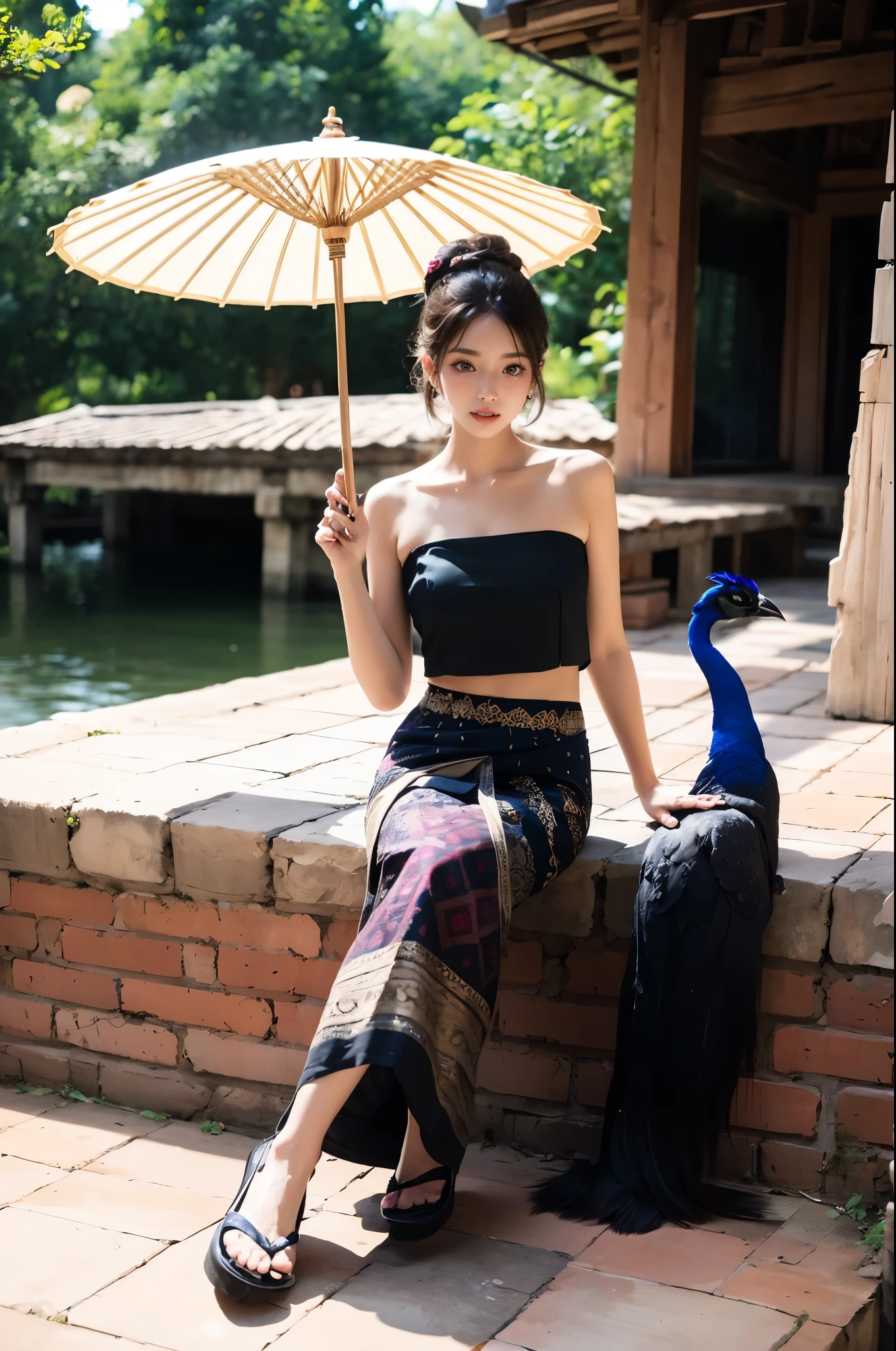 (masterpiece, best quality:1.2),1girl, animal, strapless dress,peacock,Supporting fan,Sitting posture,Silver hairpin,Touch the back of a peacock with your hand,umbrella,Chinese Dai ethnic clothing, black hair, cat, crow, jewelry