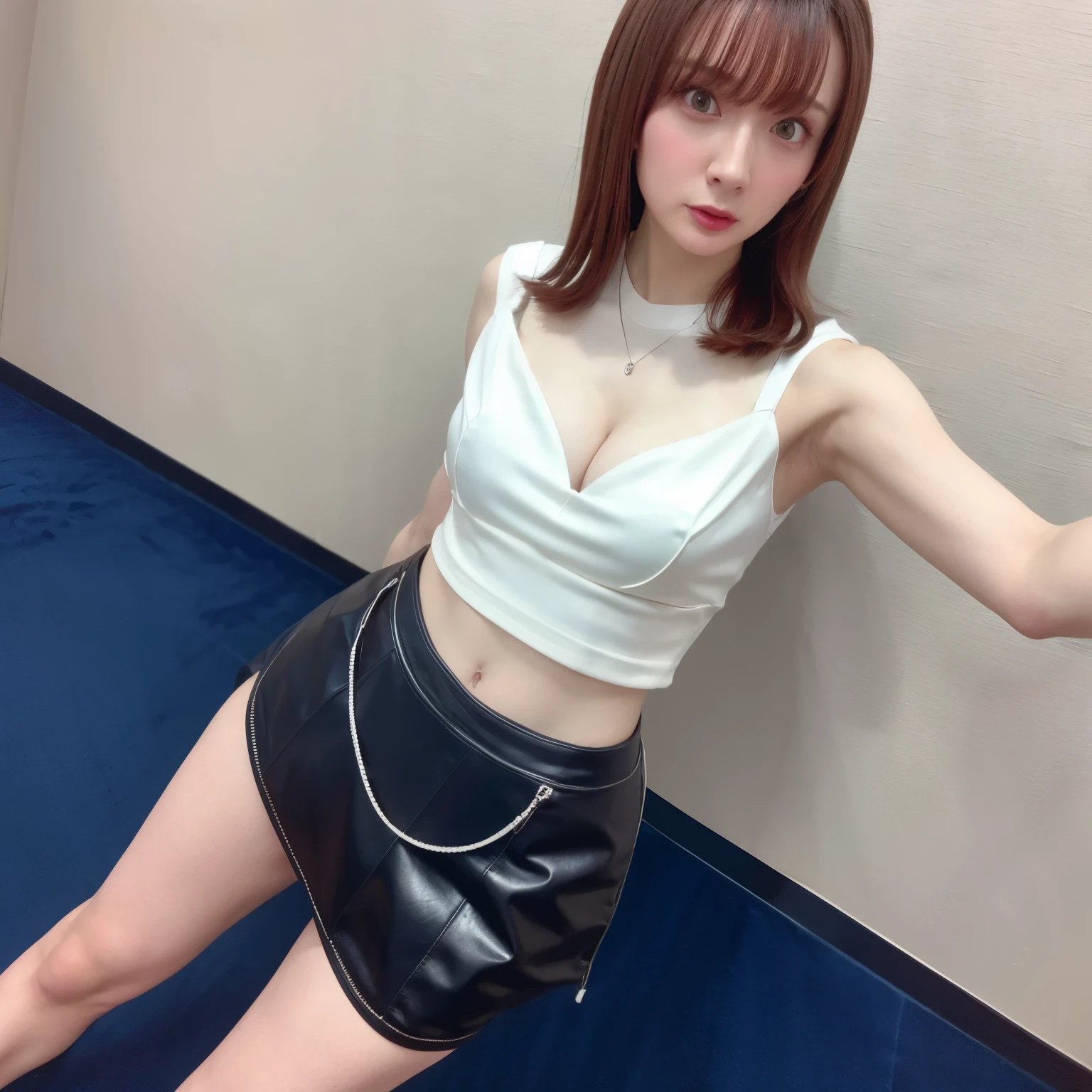 highest quality、Super detailed、body turned sideways、look back、tight shirt、Tight Skirt、short skirt、I can see down to my feet、thin thighs、perfect hands、perfect feet、perfect body、sexy shot, Photoreal, 8K、The outside of the chest is visible、No bra、ordinary chest、beautiful body line、being thin、short hair、cleavage, leather mini skirt, alone, luster