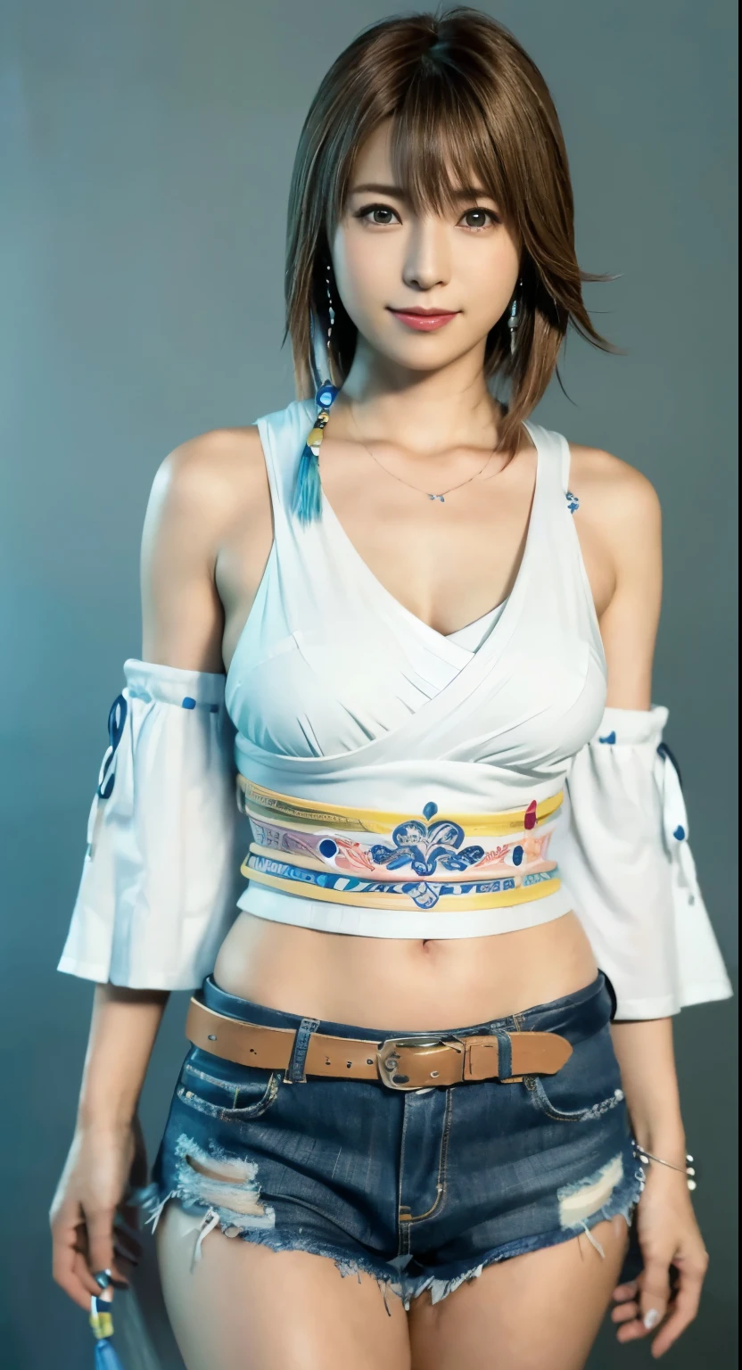 4K,masterpiece, highres, ultra detailed), 1 female, 28 years old, yuna of final fantasy x2, more mature looking, ((simple background)), plain dark background, ((nothing in background)), hyperrealistic, yuna's final fantasy costume, Yuna's original costume design in Final Fantasy X2, (((https://www.creativeuncut.com/gallery-01/ff10-2-yuna2.html))), tattered skimpy denim shorts, asymmetrical clothing features, sash on left hip, best clothing simulation, no collar, 1female, windy night, yuna's bob hair style, busty, cleavage, middle_breast, thicc body, smile, no dangling sleeves, close-up shot, full frontal shot, zoomed in shot, head to hips image scope, closed-mouth smile, head to hips, character facing and looking at camera, looking at you, YunaFFX, blue-beaded earring