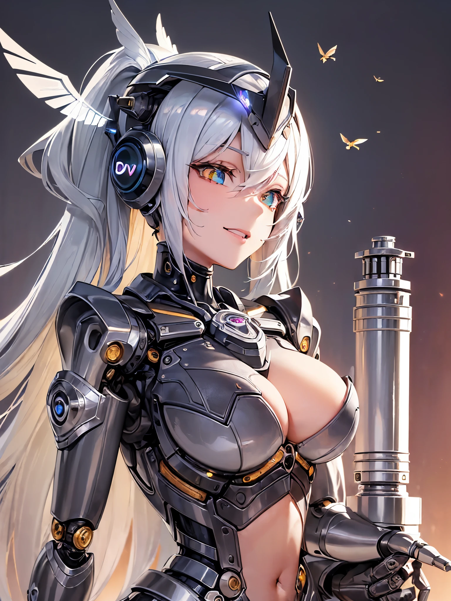 ((highest quality)),(ultra high resolution),(Super detailed),(detailed description),((best CG)),(best work of art),super precision art,amazing drawing art,(Sci-fi art with precise details:1.5, (female robot:1.6),(Mechanical body detailed and detailed:1.6),(smile:1.2),(Core that emits light at the dovetail part:1.8),(exposed cylinder:1.8),