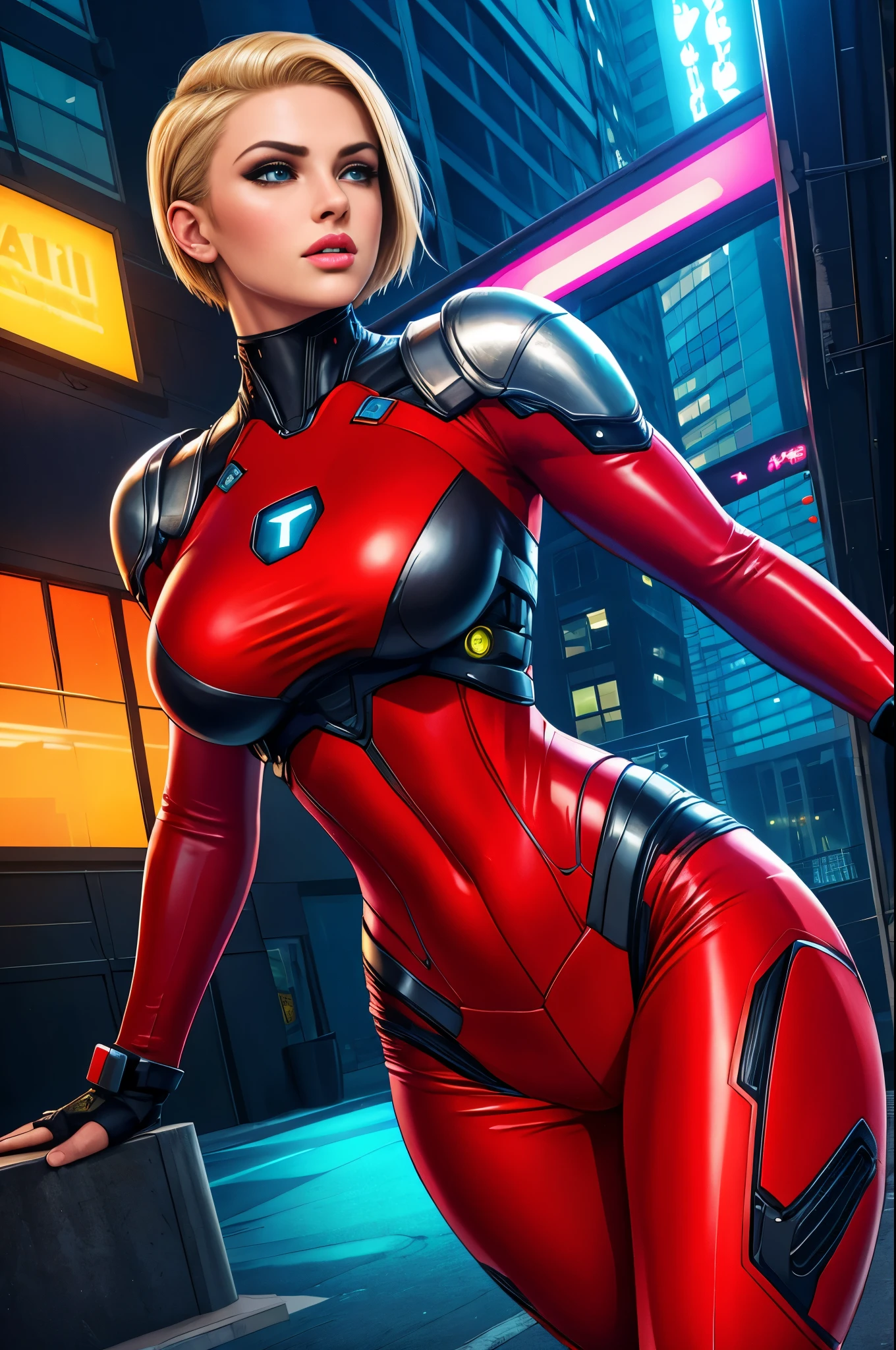 (best quality,4k,8k,highres,masterpiece:1.2),ultra-detailed,(realistic,photorealistic,photo-realistic:1.37), short red dress, undercut platinum bobcut blonde hair, beautiful detailed eyes, beautiful detailed lips, small breasts, fit and muscular physique, short hair, confident expression, strong and capable posture, armed with weapons, futuristic mercenary, cybernetic enhancements, urban backdrop with neon lights, empowering and fierce appearance, vibrant colors, dynamic lighting