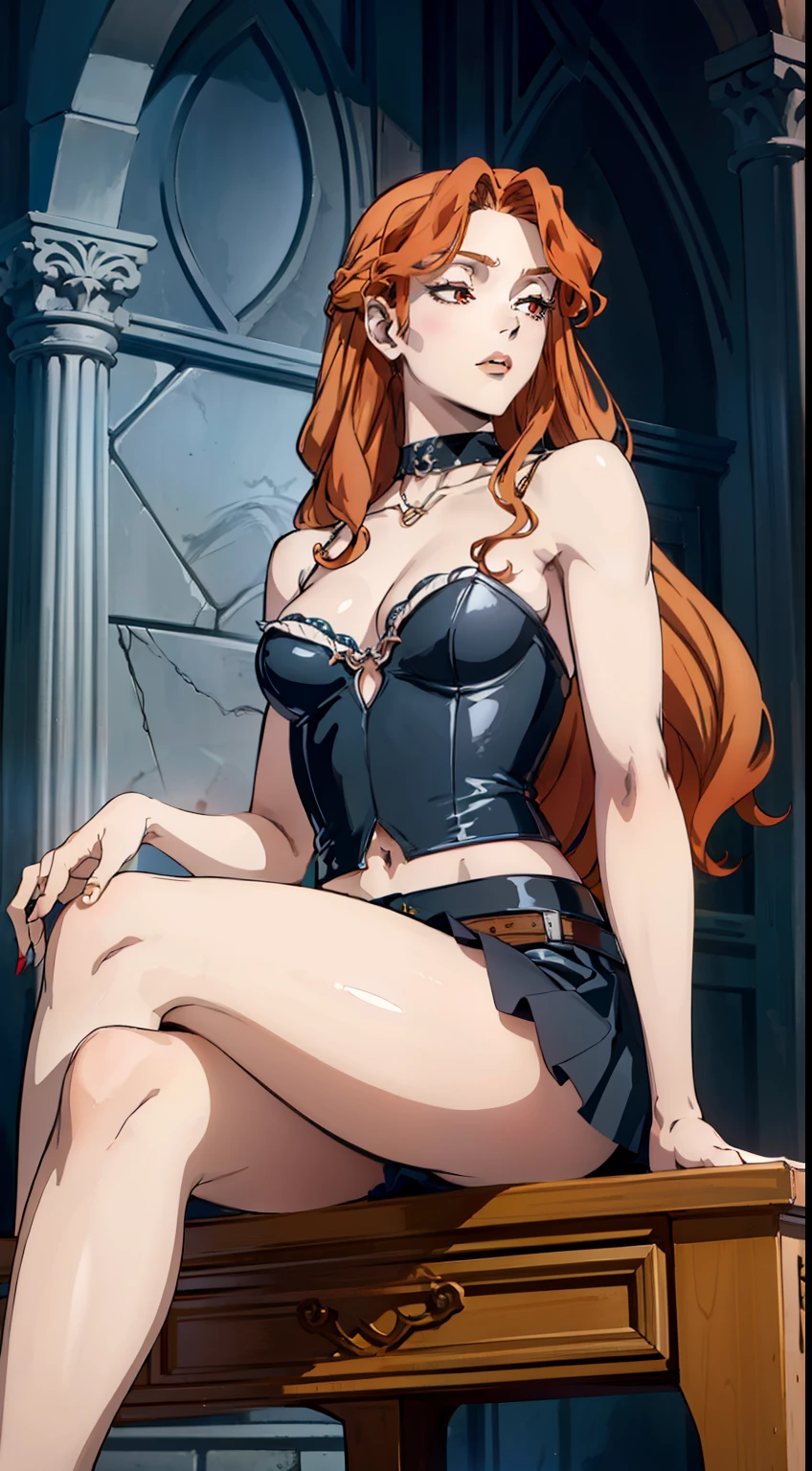 ((foto de corpo inteiro)), ((foto realista)), 1 girl, (colete: 1.2), 8k, high-res, pele finamente detalhada, lingerie, seios enormes, lenore from castlevania, vampire, red hair, skirt, sitting, toned legs, heels, dominant, low angle, upskirt, athletic, skinny, toned, smaller body, thin waist, from below, crossed legs, highly detailed realisticly proportioned legs, toned legs