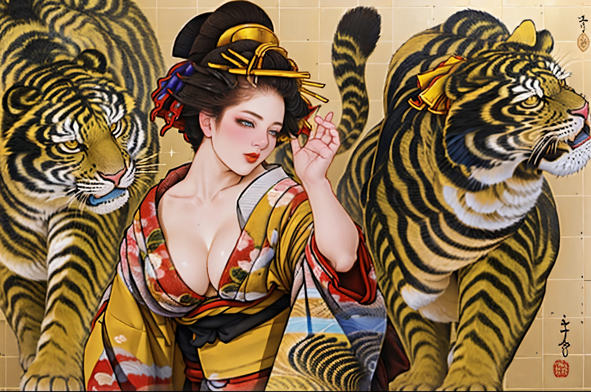 1 girl, alone, looking at the viewer, black hair, hair ornaments, kimono, raise your hand, kimono, sash, compensate, heart, Floral, lipstick, yellow background, new year, red lips, red kimono, print kimono, zodiac, Tiger, Hairpin, year of the Tiger,
nipple, nude, sexy, See through,
 