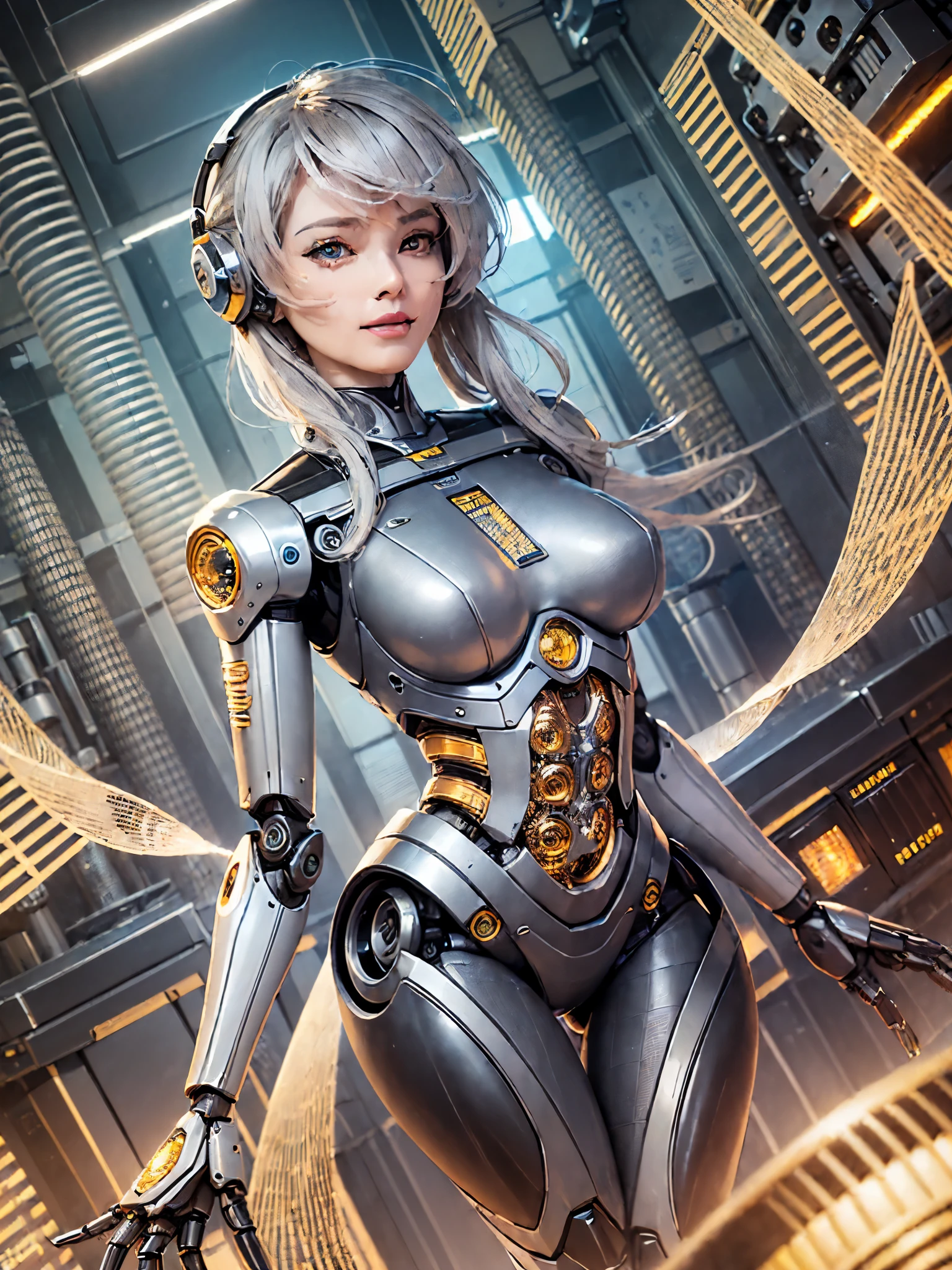 ((highest quality)),(ultra high resolution),(Super detailed),(detailed description),((best CG)),(best work of art),super precision art,amazing drawing art,(Sci-fi art with precise details:1.5, (female robot:1.6),(Mechanical body detailed and detailed:1.8),(smile:1.2),(Core that emits light at the dovetail part:1.8),(exposed cylinder:1.8)