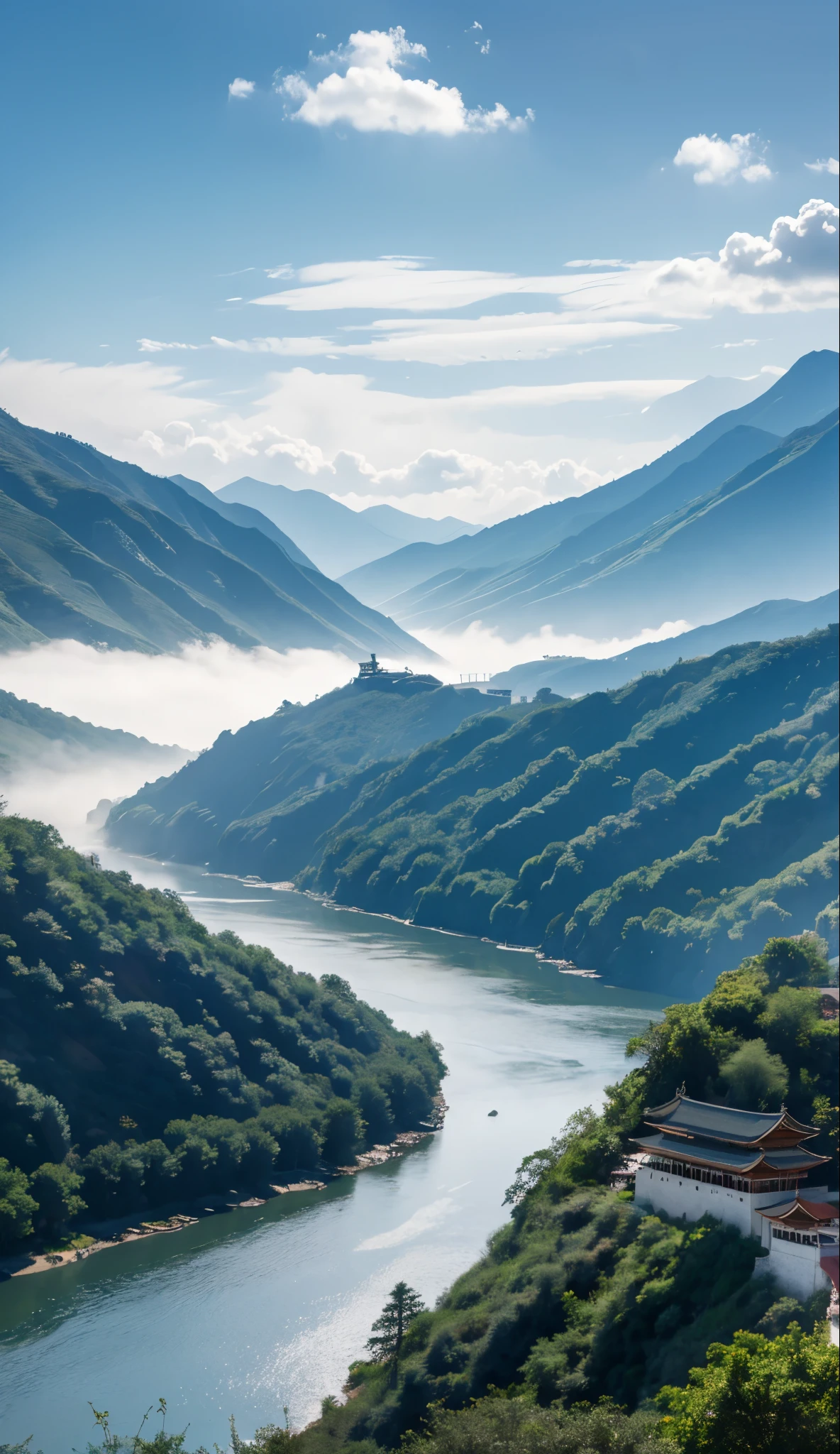 Mountains and flowing water,shrouded in mist,Surrealism with white clouds and sky, high detail, Light, Light线追踪, view, Shoot at eye level, super high quality, masterpiece, textured skin, 4k, best quality,Ancient style architecture,Chinese style,The building is tall and majestic,Taoist architecture,Blue River