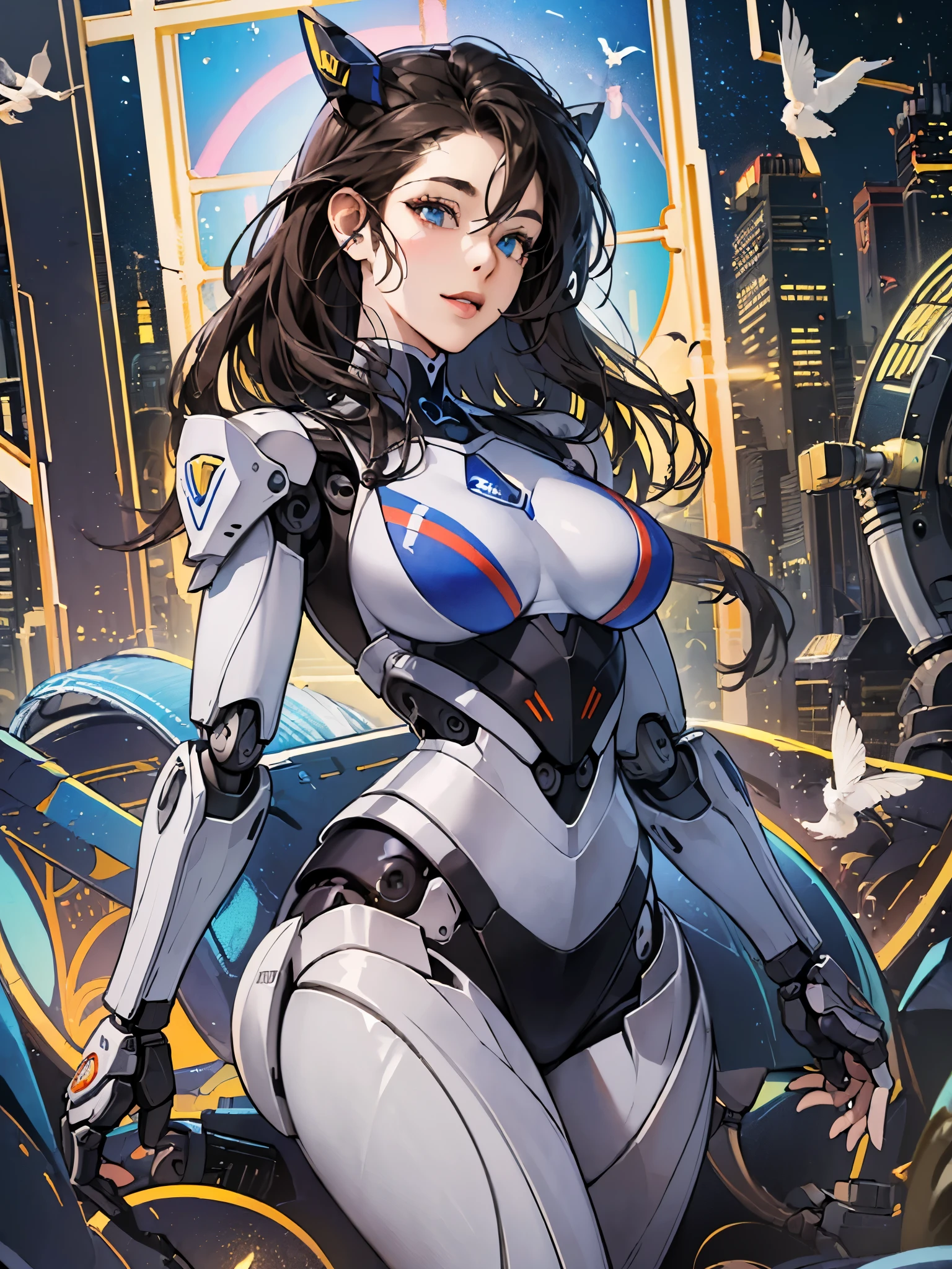 (realistic:1.3), (original:1.2), masterpiece, best quality, a beautiful woman, long wavy hair, black futuristic mech armor, neon halo, mechanical wings, perfect slim fit body, large breasts, skyscraper rooftop, realism, elaborate details, late evening, cyberpunk, gold accents
