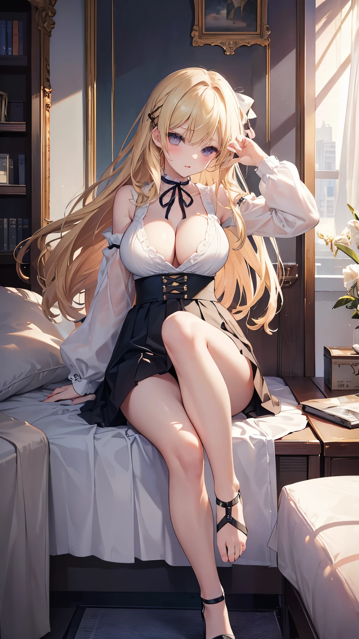 highest quality、masterpiece、超A high resolution、(Photoreal:1.4)、1 girl、blonde、Full body Esbian、big and full breasts、super exposed cleavage、erotic、erotic expression、choker、double eyelid、Loose and fluffy perm、medium long hair、、mini skirt、jk ribbon、thin, skinny clothes、Perfect five-finger、perfect legs、