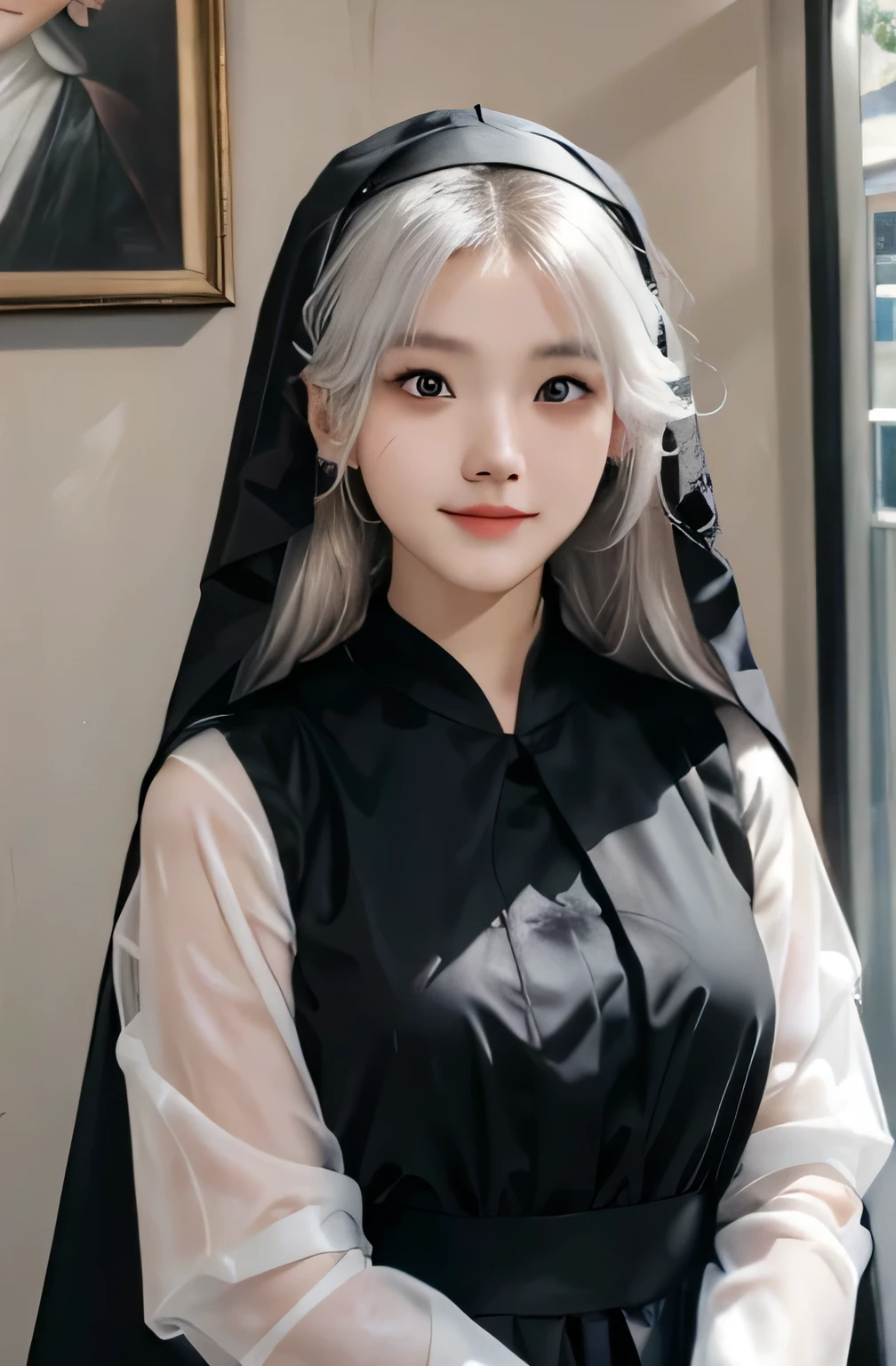 detailed, high quality, masterpiece, detail, perfect face, perfect hand, Korean girl. white hair with little wavy hair style, clear black eye, peach blush on. she is nun, wear black nun cloak, nun dress. soft light blue 1.8, studio, smile look at the camera. at capel