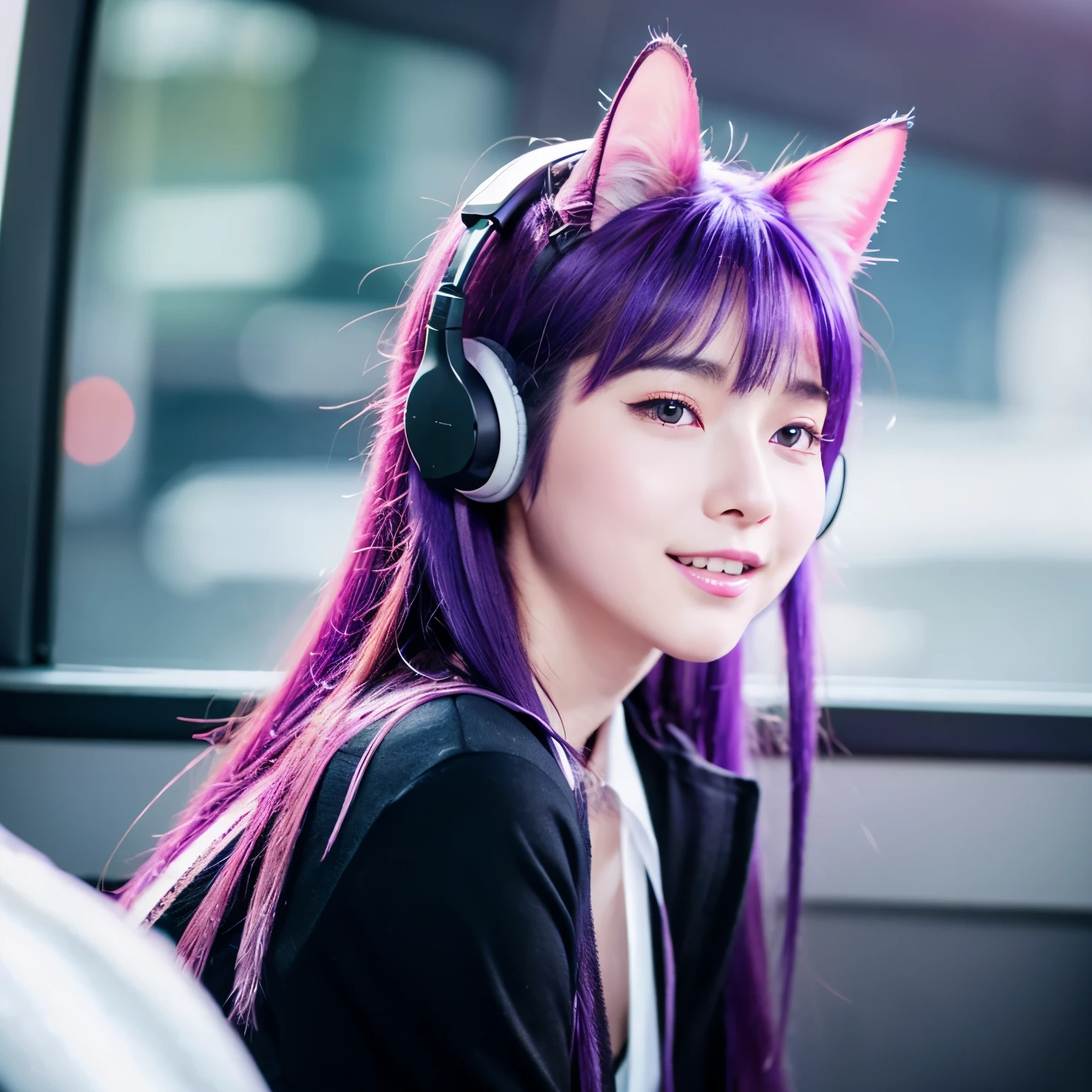 black tights、Cat ear、odd eye、sharp teeth、purple hair、headphone、beautiful girl