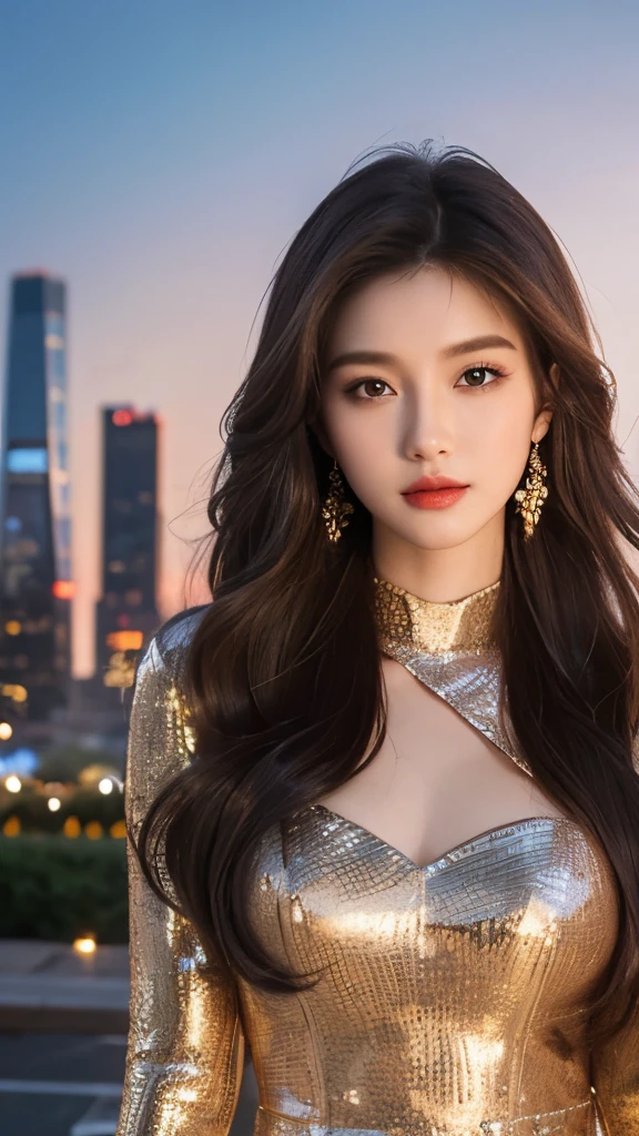 A woman in a gold dress standing in front of a city skyline - SeaArt AI