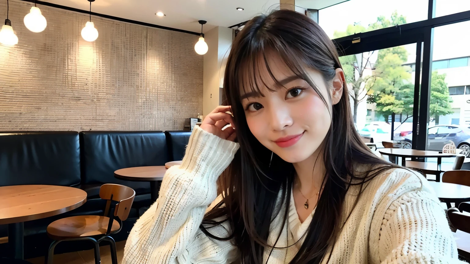 (最high quality、8K、32k、masterpiece:1.2)、A photo of a female college student who looks like a cute model、normal breast、Upper body、face focus、extra large_sweater、necklace、look at the audience、background a trendy coffee shop with a unique aesthetic and atmosphere. Incorporate elements like modern furniture, artistic decoration, and ambient lighting to enhance the ambiance. People who enjoy drinks々Consider including, engaging in conversation, or quietly working on laptops. Let your creativity flow、In this chic café setting「stable diffusion」Let the idea come to life, I can see other customers enjoying themselves too...。At the back of the cafe、Staff are busy working at the counter.、Feel the vibrancy and warmth of a city cafe.., sharp focus, 1 girl, sexy 1.2, brown hair, With bangs, fine eyes, Beautiful eyes with slit length, double eyelid, (cat face), (cute Face), cute Smile, (close your mouth), (cute), soft skin, surreal, Super detailed, high quality, (beautiful college girl), ((詳細な非常にcute女子大生),