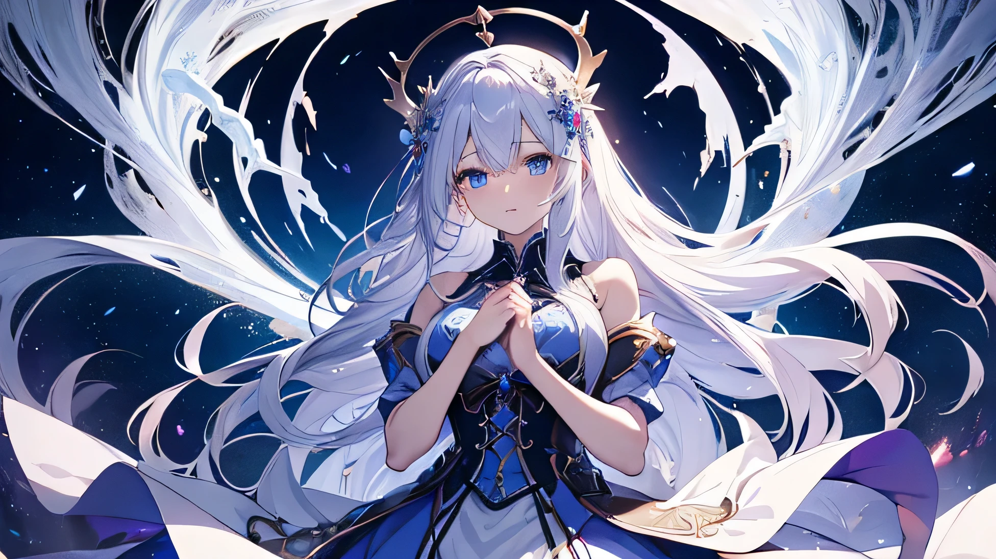 a cover for a song "CASCADE" with a white haired lady drowning close her eyes. (master piece) (high details) (high definition) (art) (dreamy) (fantasy)