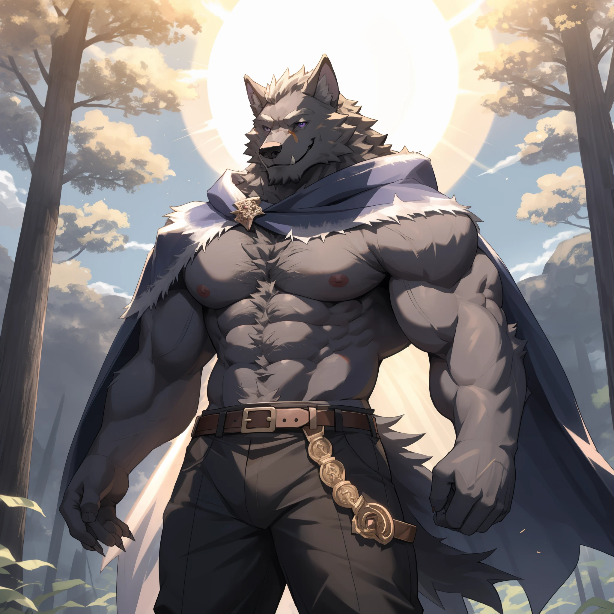 Wolf (ring of fire) ,Wolf人,male,uncle,aldult,alone,4K,best quality,,looking at the audience,Show muscles,hairy body,Upper body exposed,bare chest,hairy chest,furry tail,chest muscles,pink nipples, Six-pack abs, biceps, anatomically correct,fine fur,pride,soft shadow,majestic and delicate face,high quality eyes,purple eyes,black pupils,Handguard, Leg nails,Cloak, trousers, belt,magnificent,brave,smile confidently,Strong,Mature,forest,Blue sky and white clouds,The sun shines