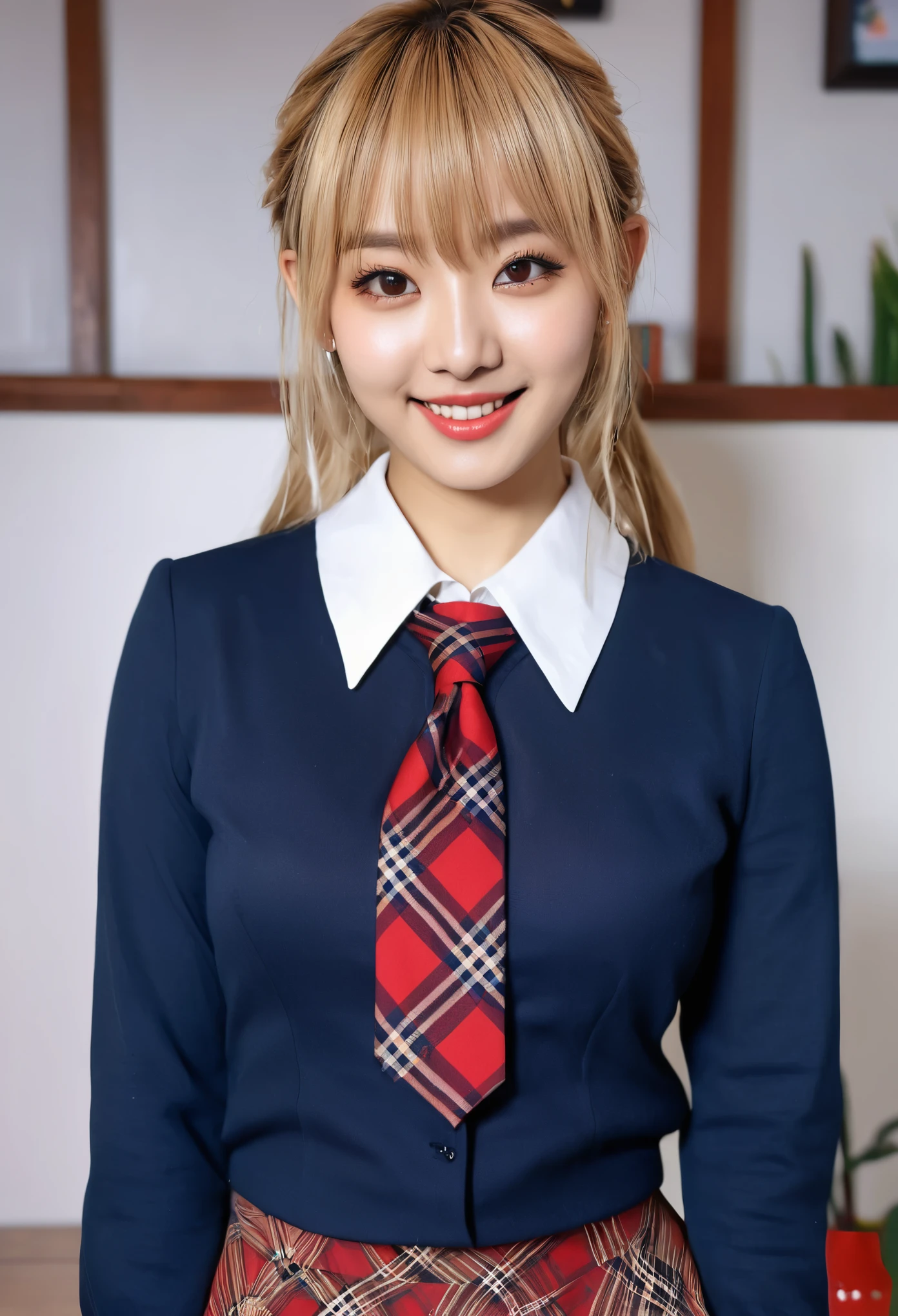 highest quality,Super detailed,finely,High resolution,In 8K,((Photoreal:1.4,RAW photo,超A high resolution,best image quality:1.4)),table top、highest quality、 Super detailedな、High resolution、8k wallpaper、perfect dynamic composition,、detailed and beautiful eyes、(beautiful breasts:1.1) 、blue blazer、、white shirt、red tie、Plaid brown skirt、1 girl、beautiful girl、high school student、blonde hair、(blonde、cover left eye with bangs)shortcut、short hair、hide left eye with hair、red eyes、smile So ugly ugly face