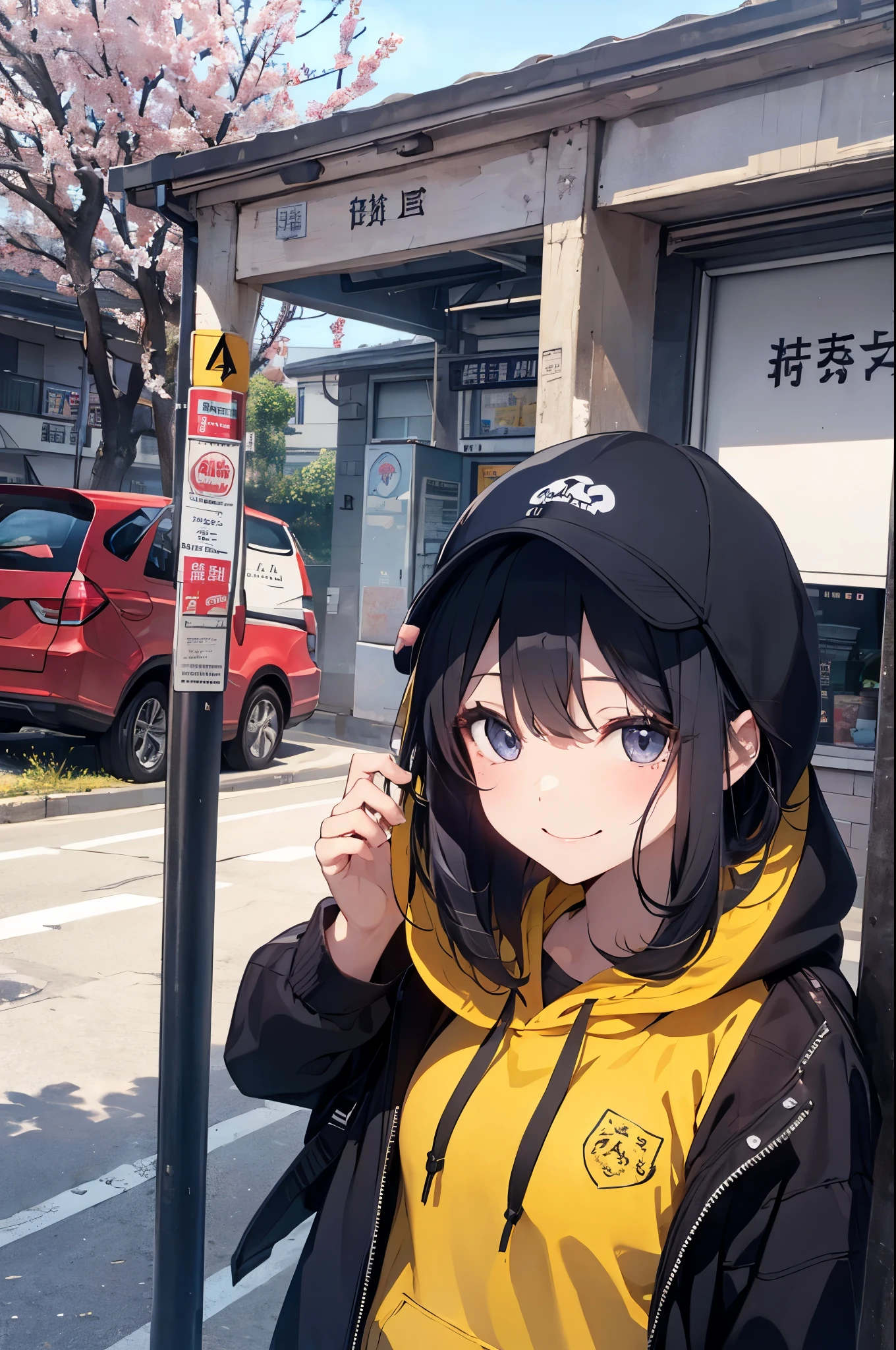 (Pretty sister:1.3)、long eyelashes、happy face,(spring atmosphere)、noon、aggressive、hot、((strong wind))、hoodie、shining eyes、blink、pollen、car