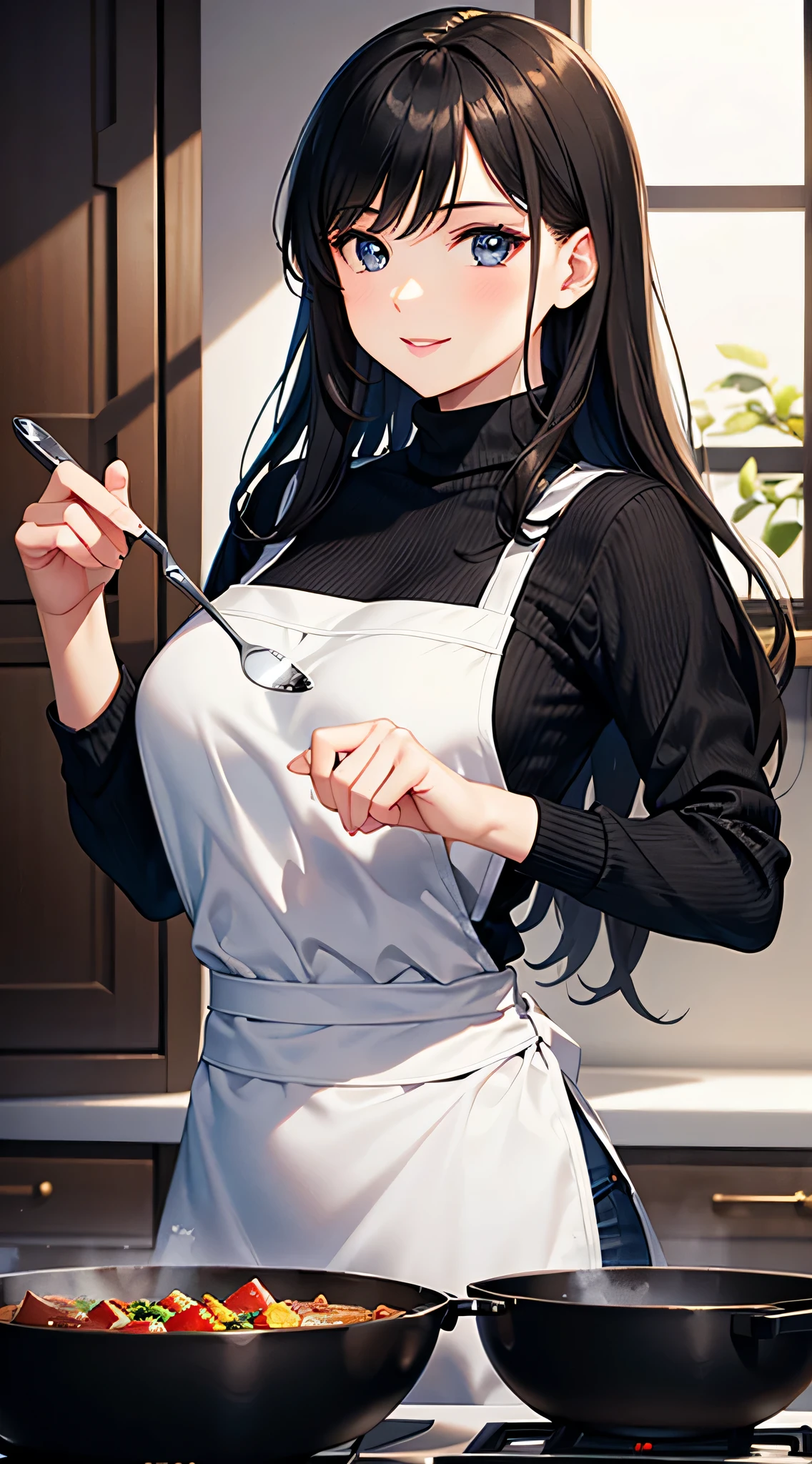 masterpiece, highest quality, perfect artwork, perfect woman image, dramatic shadow, (perfect hands), ((cute face)), beautiful face, beautiful girl, cooking,smile,photo from a distance,looking to the side,black turtleneck