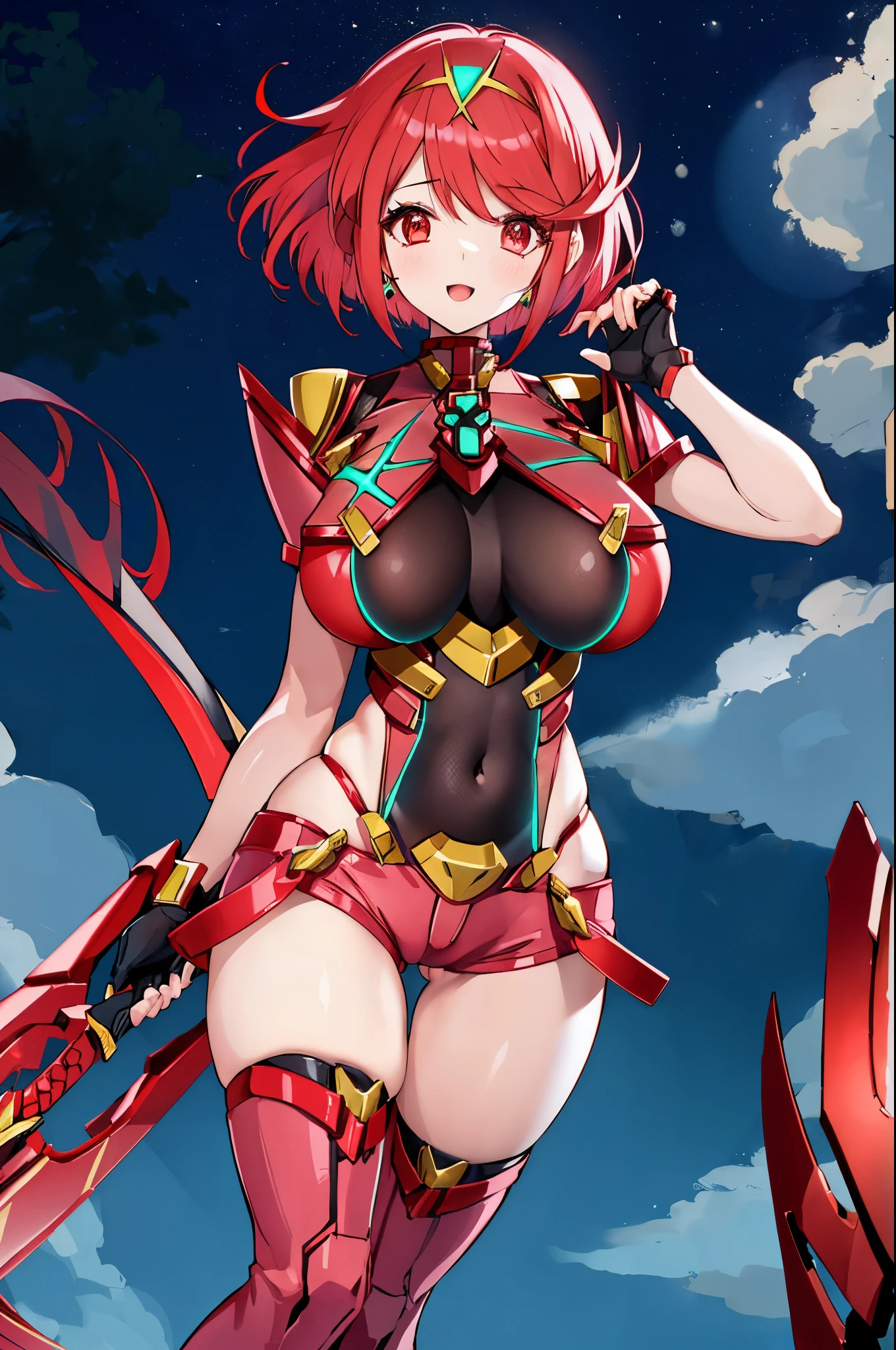 pyra \(xenoblade\), _1girl, armor, bangs, black gloves, breasts, red eyes, closed mouth, earrings, eyelashes, fingerless gloves, floating hair, framed breasts, gem, gloves, hair ornament, headpiece, jewelry, big_breasts, leaning back, leotard, neon trim, official art, pose, red hair, red shorts, saitou masatsugu, short hair, short shorts, short sleeves, shorts, sidelocks, skin tight, solo, standing, swept bangs, thighhighs, tiara, night_prairie_background, turtleneck, underbust, vambraces, xenoblade chronicles \(series\), (xenoblade chronicles 2), apart_legs, fire_effect,dynamic_pose_fighting,light_smile, (plump:1.1), big_ass,huge_sword, hold_large_sword_hilt, solo, covered_nipples, covered_pussy,open_mouth,back_view,