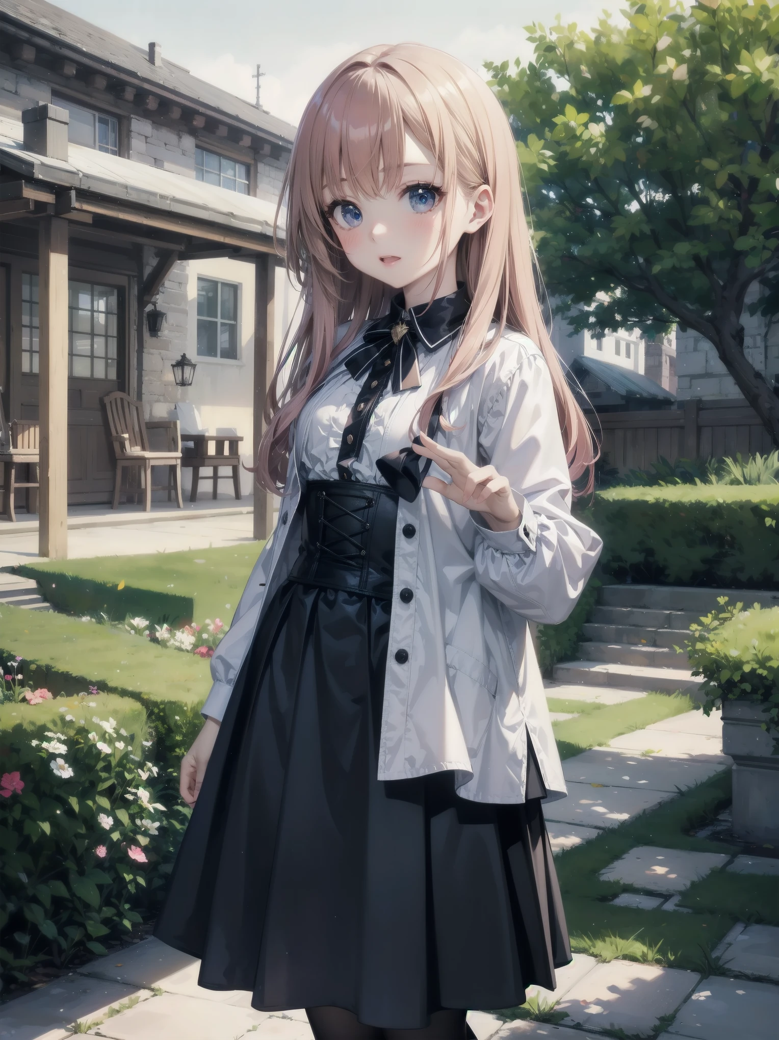 Super beautiful illustration、、kawaii girl、complex、finely eye、Realistic skin texture、Outstanding looks、、adolable、Smooth hair、Cute gesture、Mocking Pose、doress、long-sleeve、With collar、Long length skirt、corsets、Cute socks、cowboy shot、outside of house、Beautiful park、Three-dimensional、Deep background、Well built building、