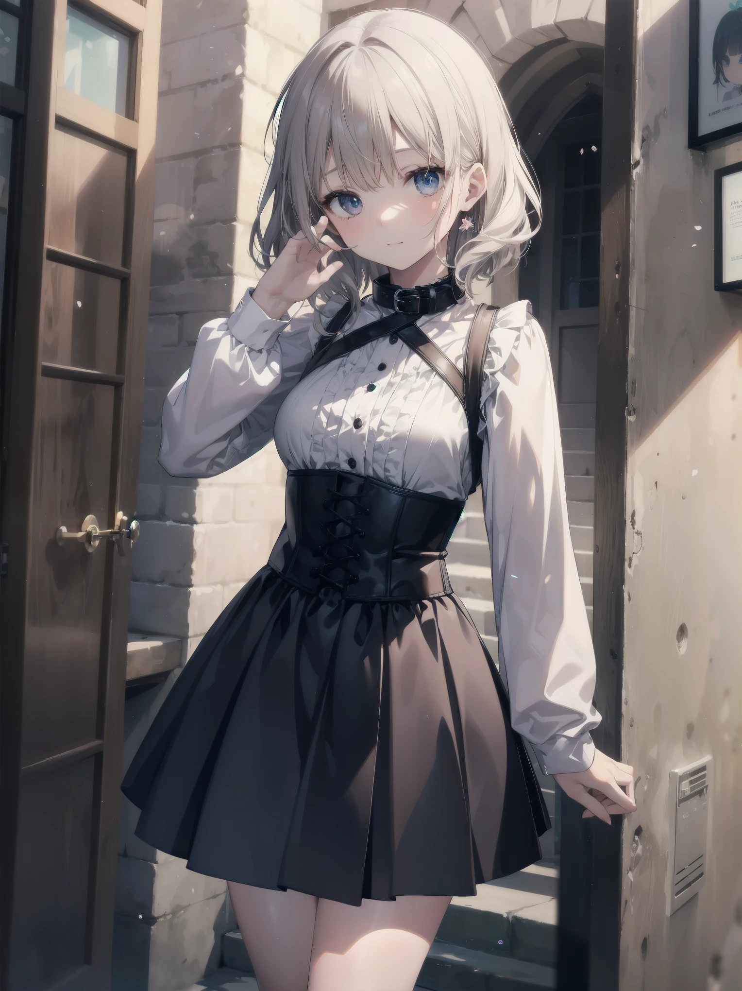 Super beautiful illustration、、kawaii girl、complex、finely eye、Realistic skin texture、Outstanding looks、、adolable、Smooth hair、Cute gesture、Mocking Pose、doress、long-sleeve、With collar、Long length skirt、corsets、Cute socks、cowboy shot、outside of house、Beautiful park、Three-dimensional、Deep background、Well built building、