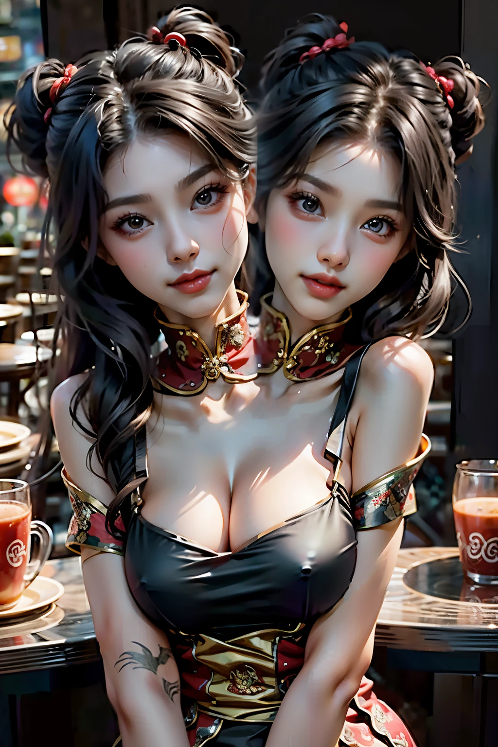 (Twoheads), 1woman, heads directly next to each other, heads same distance from camera, extremely long hair, chinese dress, heads positioned directly next to each other, faces same distance from camera, in red and black posing for a picture,