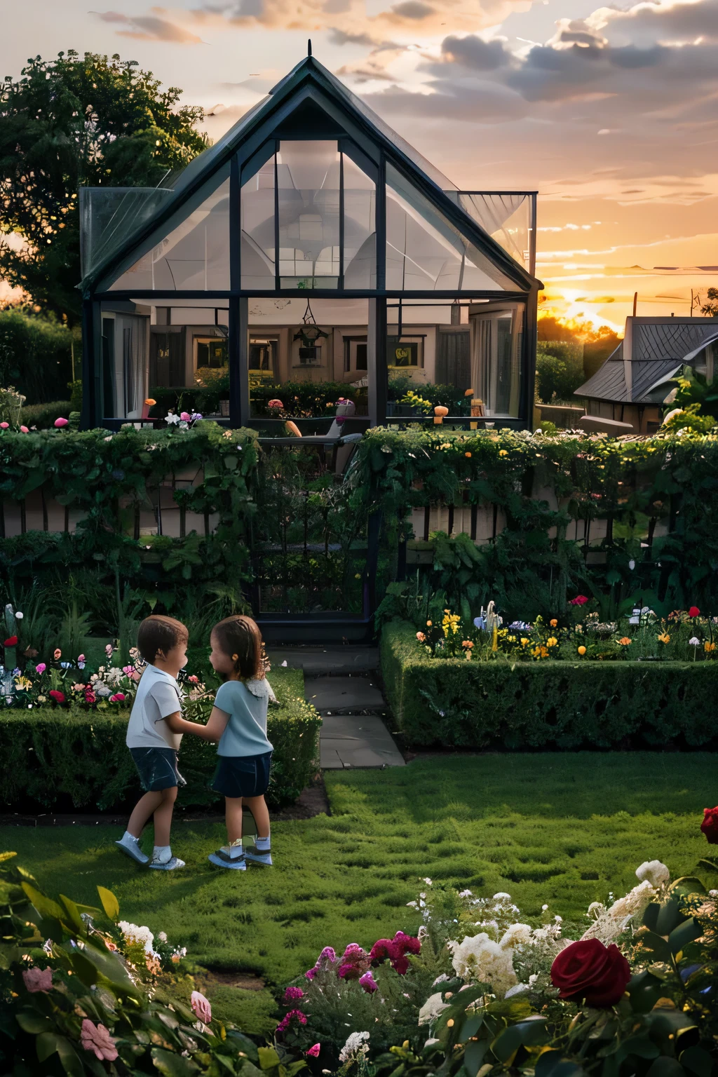 2 children playing in the garden full of flowers and roses, ao fundo podemos ver a casa verde com janelas de vidro e seu telhado cinza, and the sunset behind the house