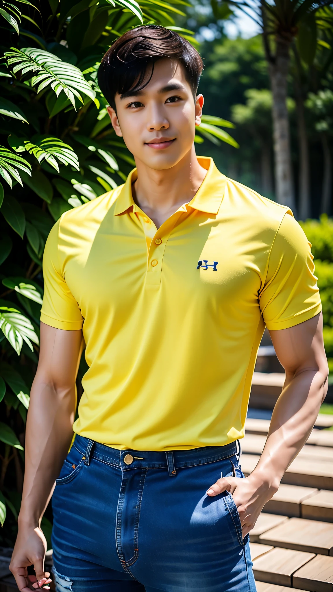 1 man, smile, (wearing a yellow polo shirt, round neck, short sleeve shirt ยี่ห้อ under armor), Jeans, Korean guy , korean men, (High gloss details), chest muscles, Big arm muscles, blood vessel, big muscles, Broad shoulders, looking at the audience, Balancing the eyes, (Make eye contact), White house without trees