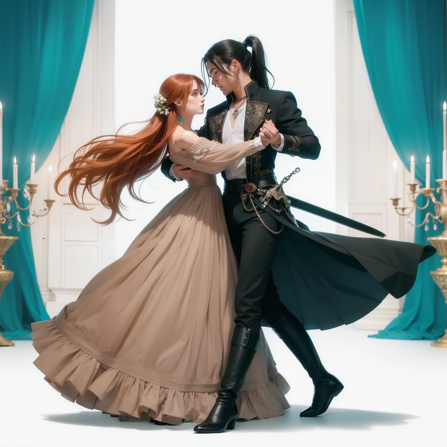 Full height, dancing pose, a man named Tom a 26 year old man with his black hair gathered in a ponytail is dancing a waltz with a 22 year old girl named Sarah with long straight red hair. Tom is dressed in a black doublet with a sword hanging from his belt, Sarah is wearing a long beige bouffant dress, silver necklace and sapphire earrings. Tom smiles softly, Sarah is a little embarrassed. Ballroom with turquoise drapes::3 1800s::3 candlelight::3 wide angle lens::3 foil::3  --aspect 9:16 --version 5.2 --quality 1 --stop 30