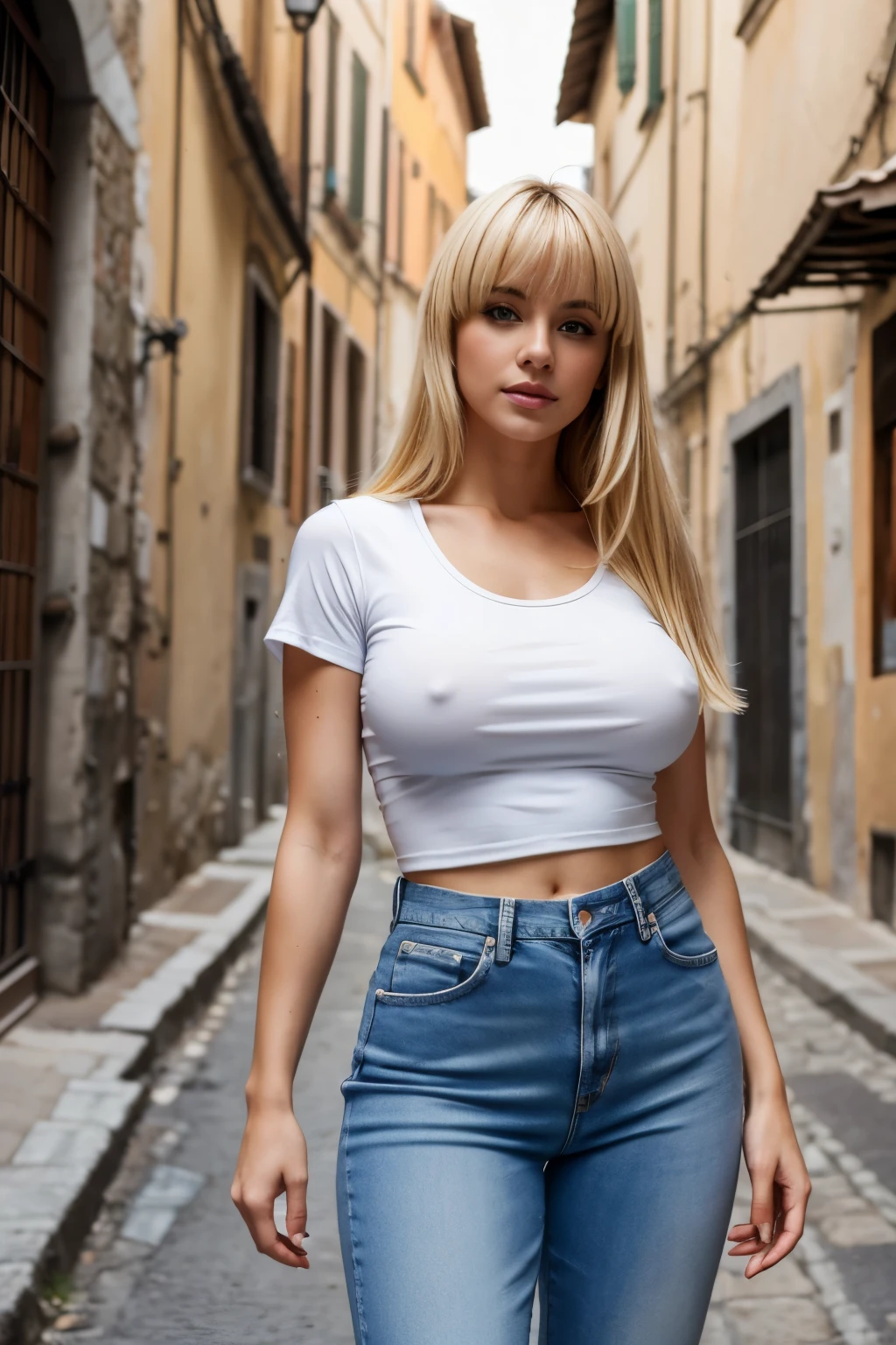 Beautiful Italian woman、blonde hair、With bangs、big breasts、sexy body、white scoop neck t-shirt、blue denim long pants、standing in an alley in italy