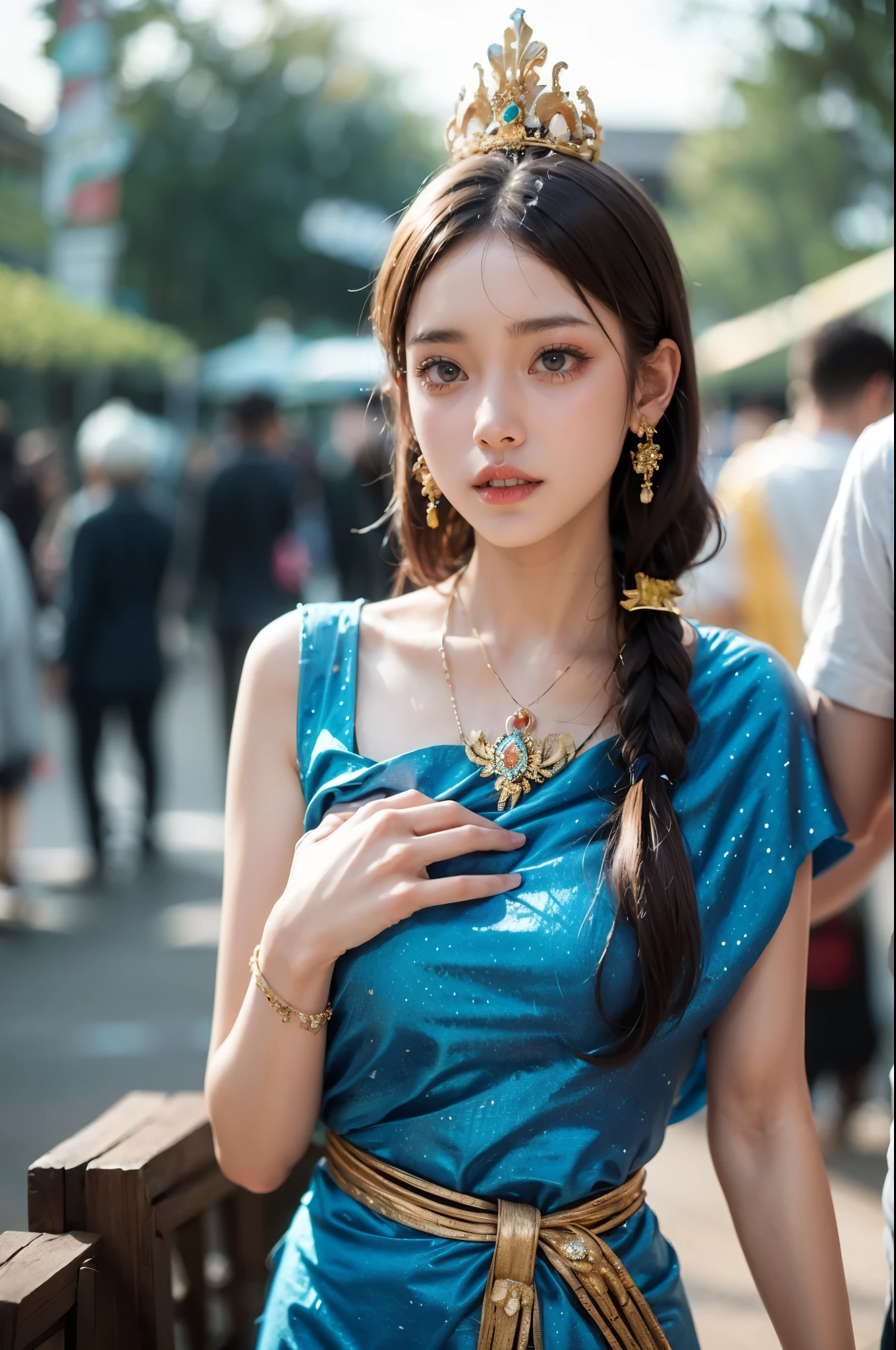 (masterpiece, best quality:1.2),1girl, black hair, blurry background, bracelet, brown eyes, depth of field,Dai ethnic skirt,Chinese Dai ethnic clothing,Apron,Golden metal crown, earrings, focused, hand on own chest, jewelry, lips, looking at viewer, motion blur, necklace, photo \(medium\), photorealistic, solo focus